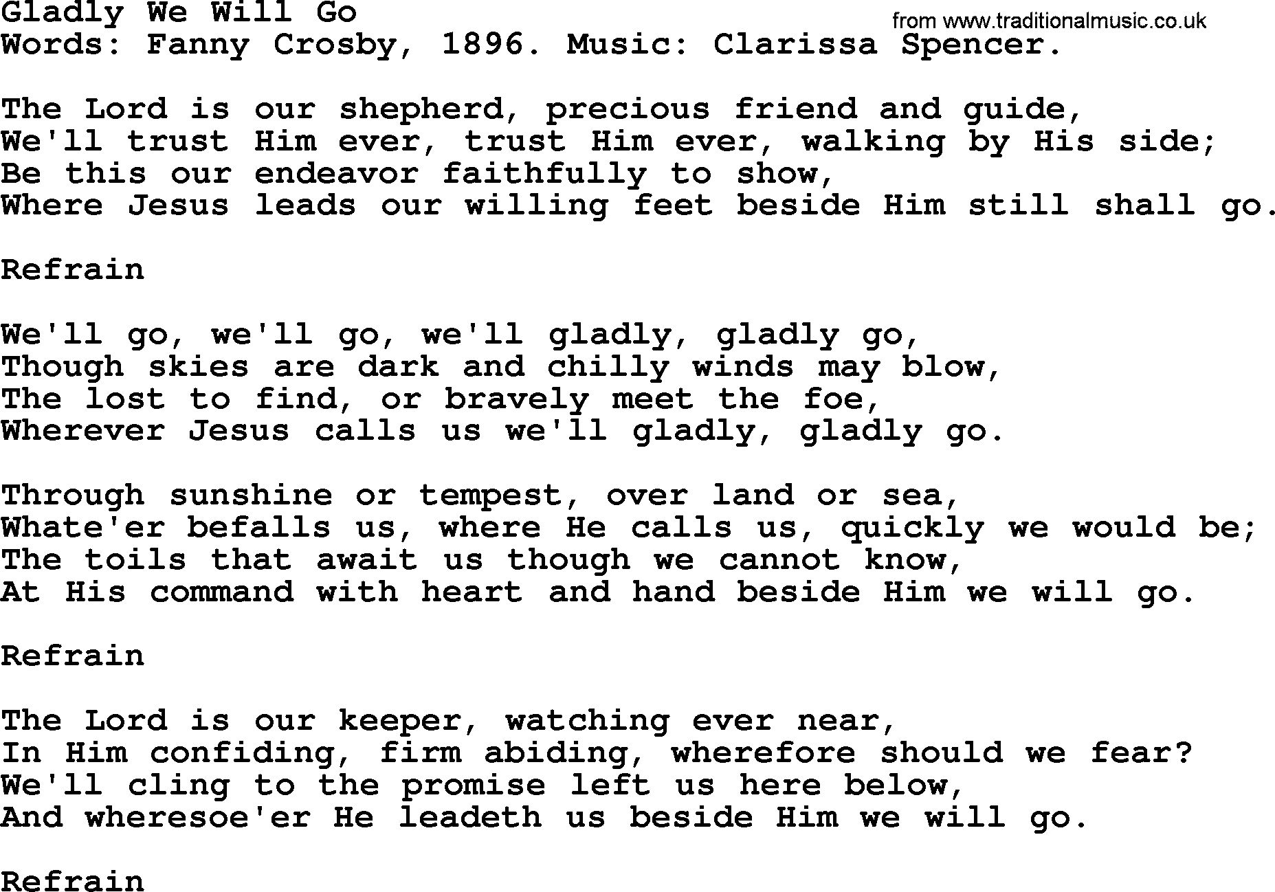 Fanny Crosby song: Gladly We Will Go, lyrics