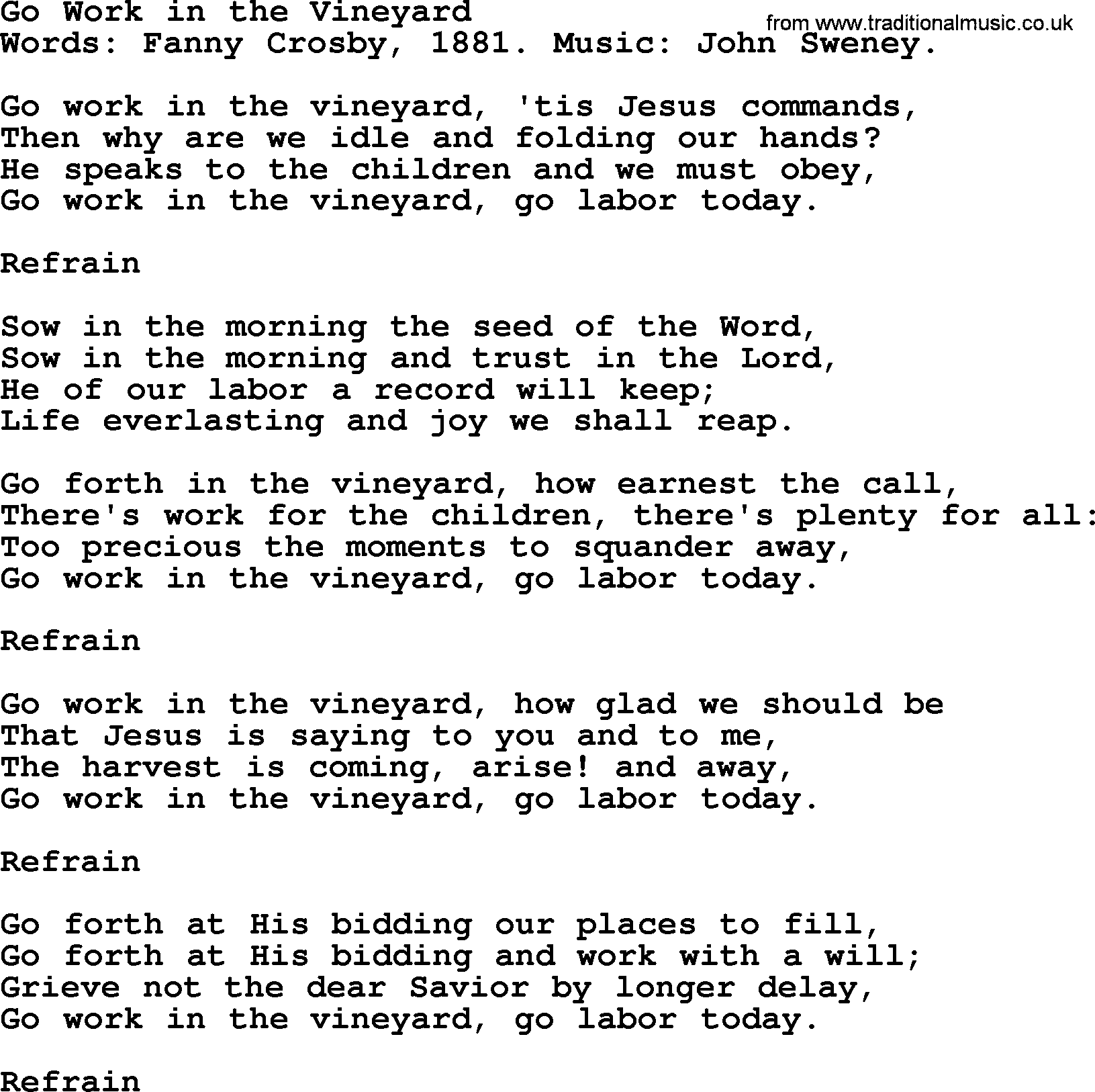 Fanny Crosby song: Go Work In The Vineyard, lyrics