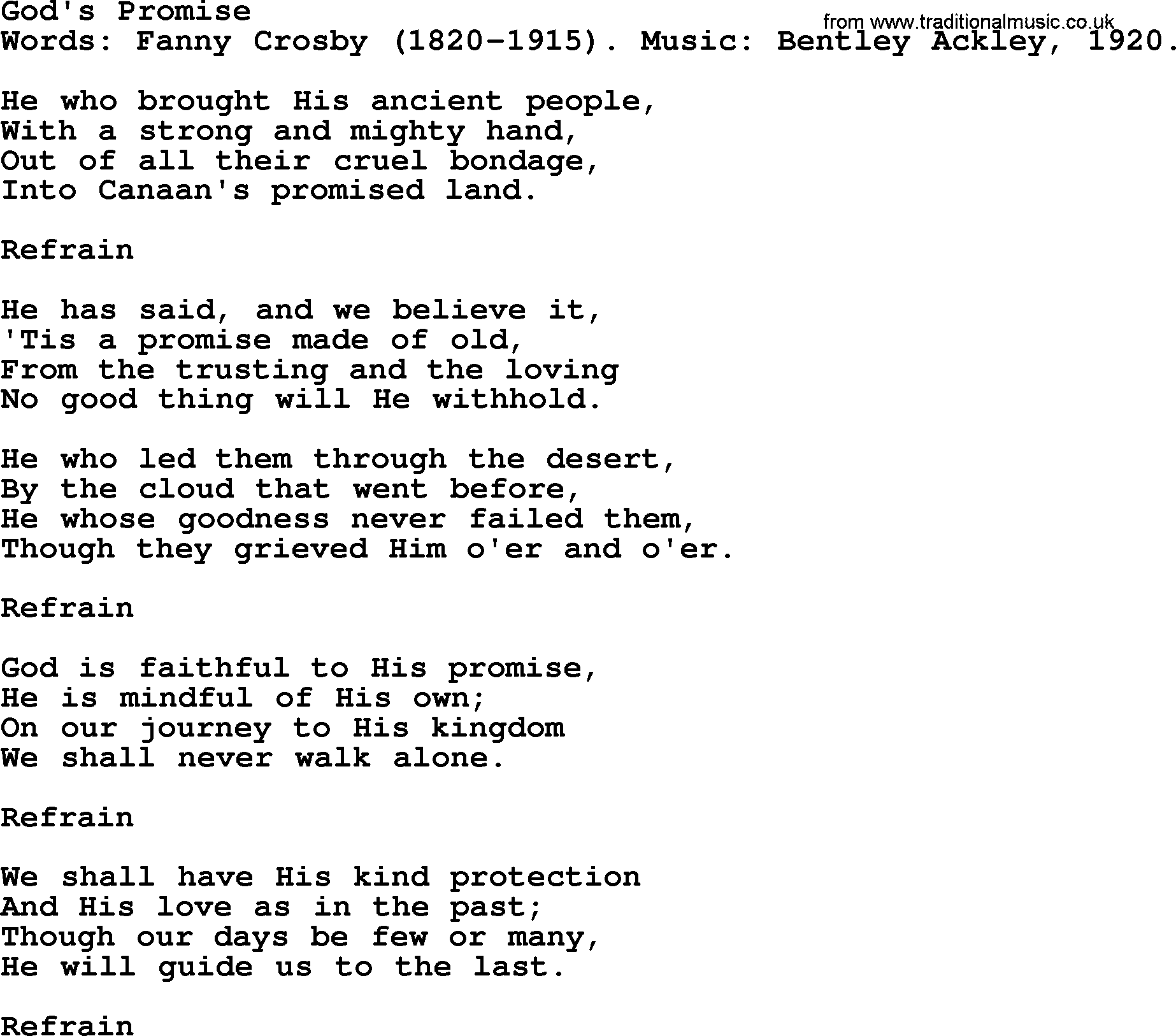 Fanny Crosby song: God's Promise, lyrics