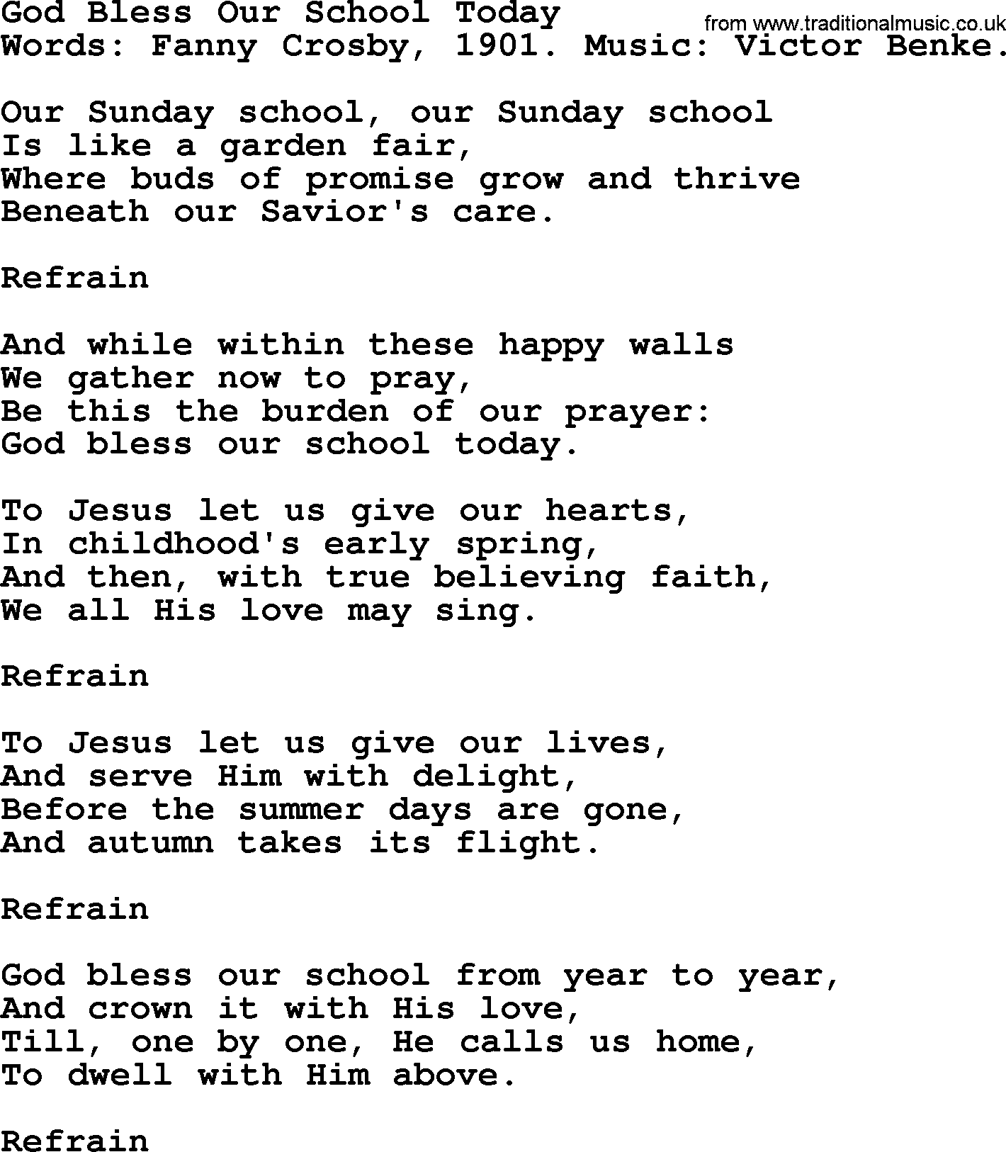 Fanny Crosby song: God Bless Our School Today, lyrics