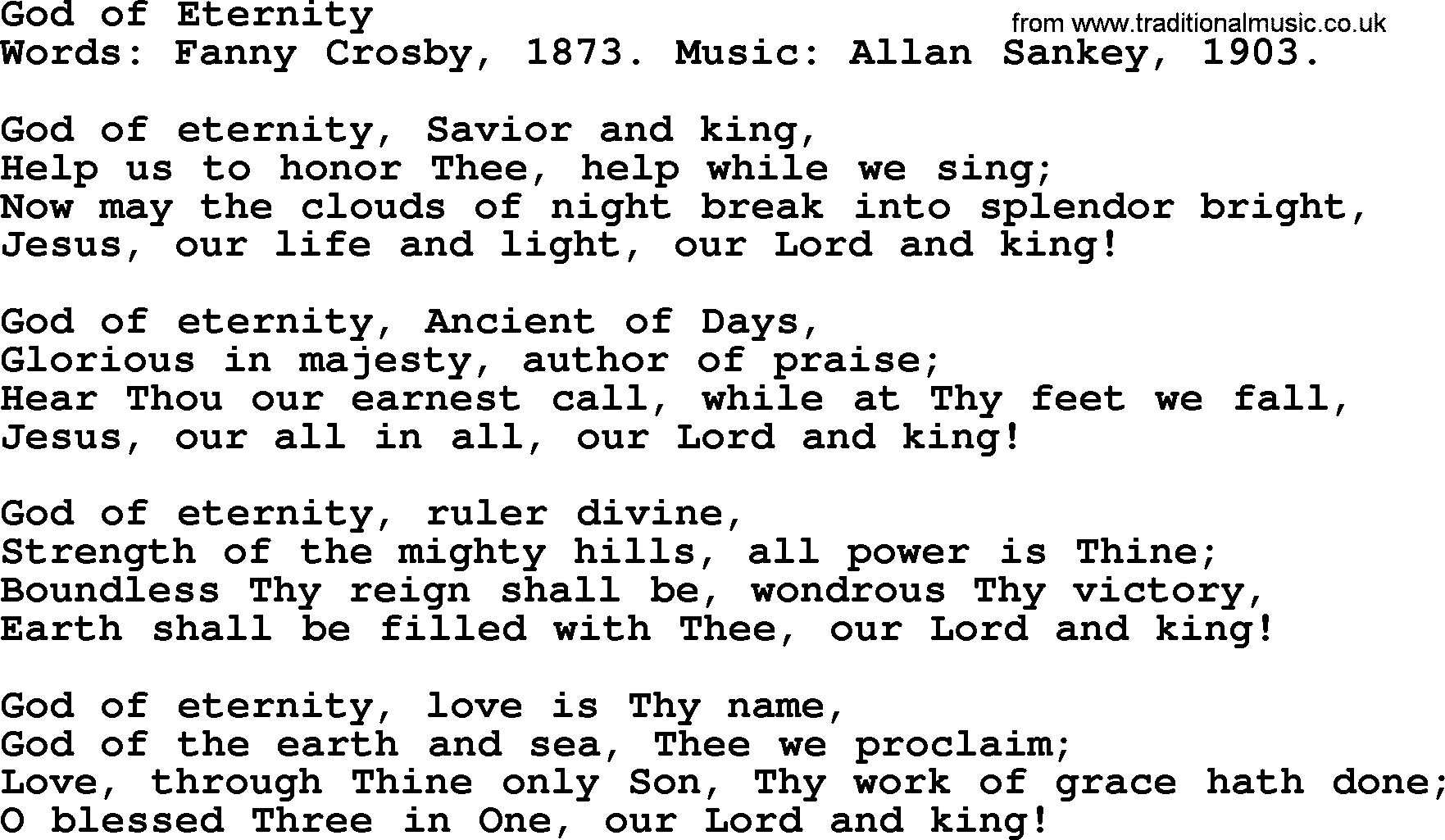 Fanny Crosby song: God Of Eternity, lyrics