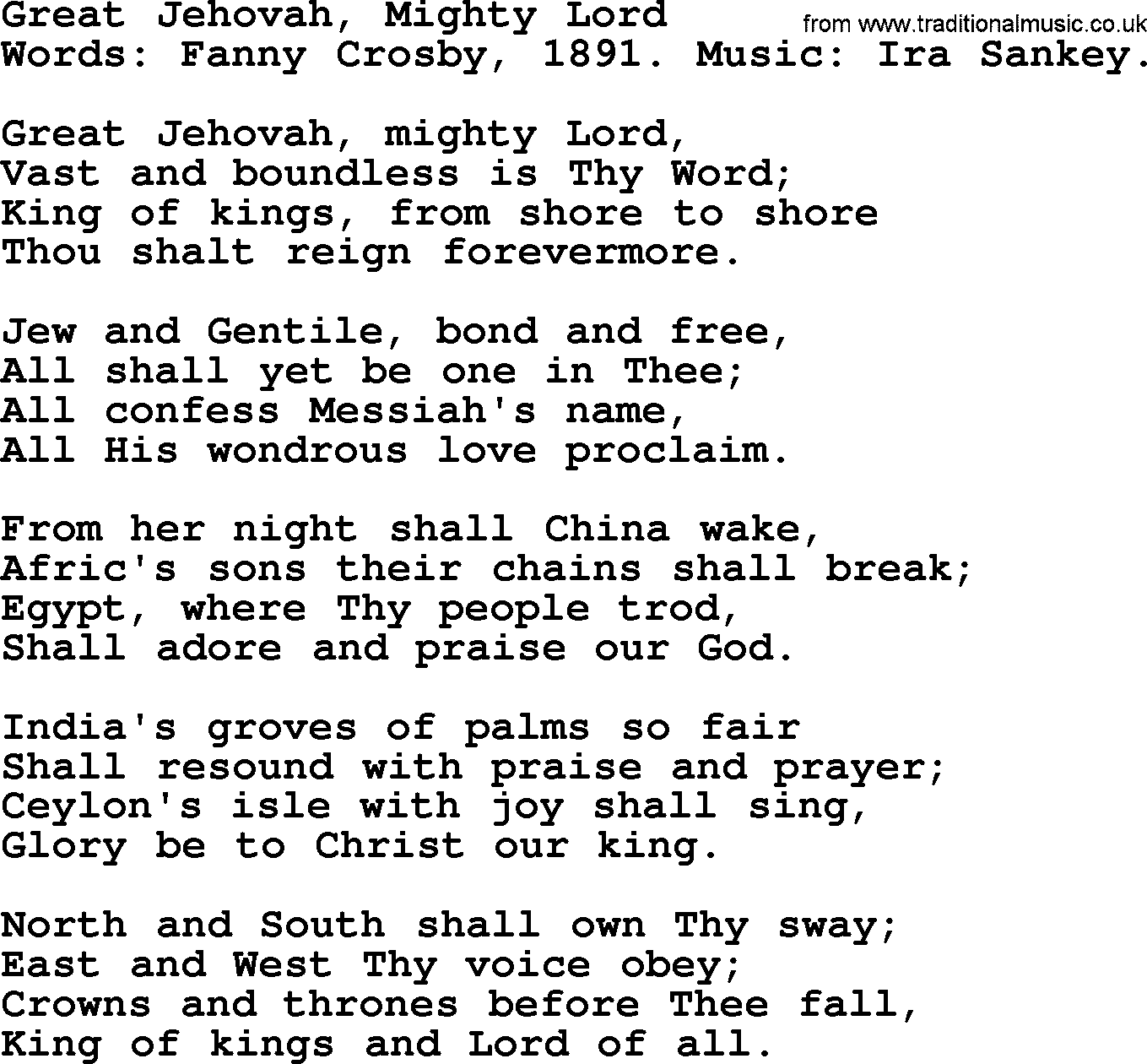 Fanny Crosby song: Great Jehovah, Mighty Lord, lyrics