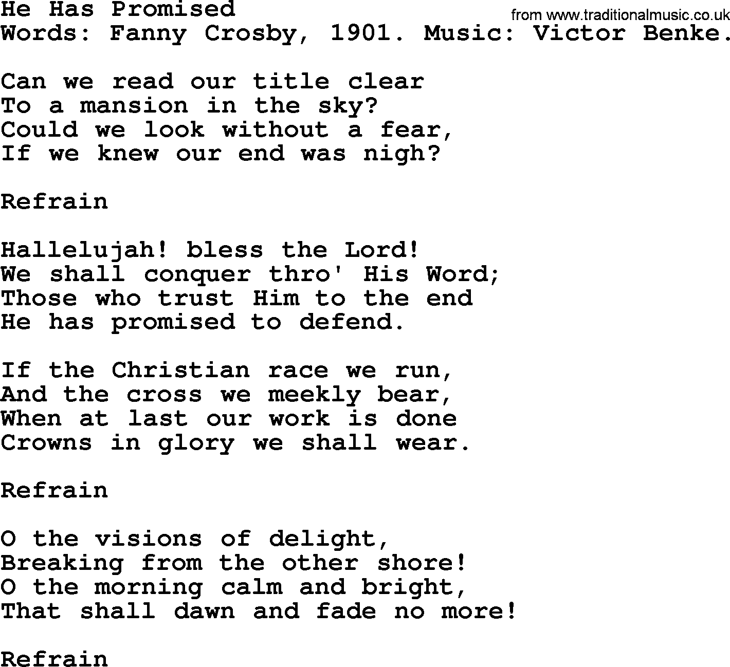 Fanny Crosby song: He Has Promised, lyrics