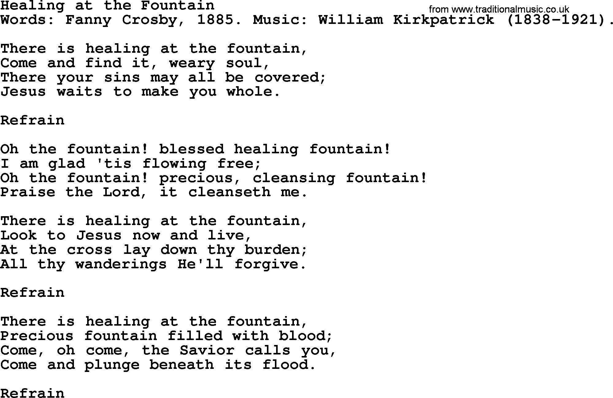 Fanny Crosby song: Healing At The Fountain, lyrics