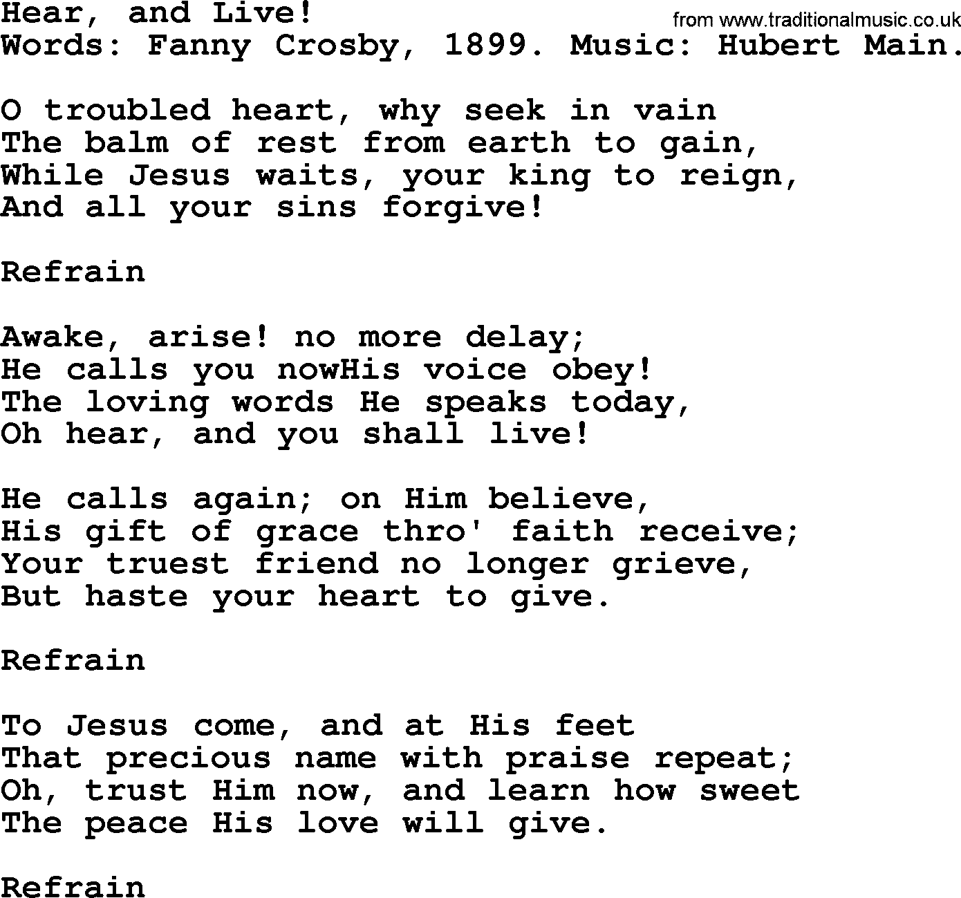 Fanny Crosby song: Hear, And Live!, lyrics