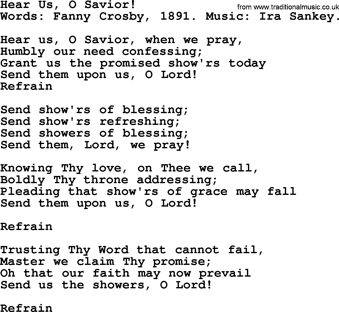 Fanny Crosby song: Hear Us, O Savior!, lyrics