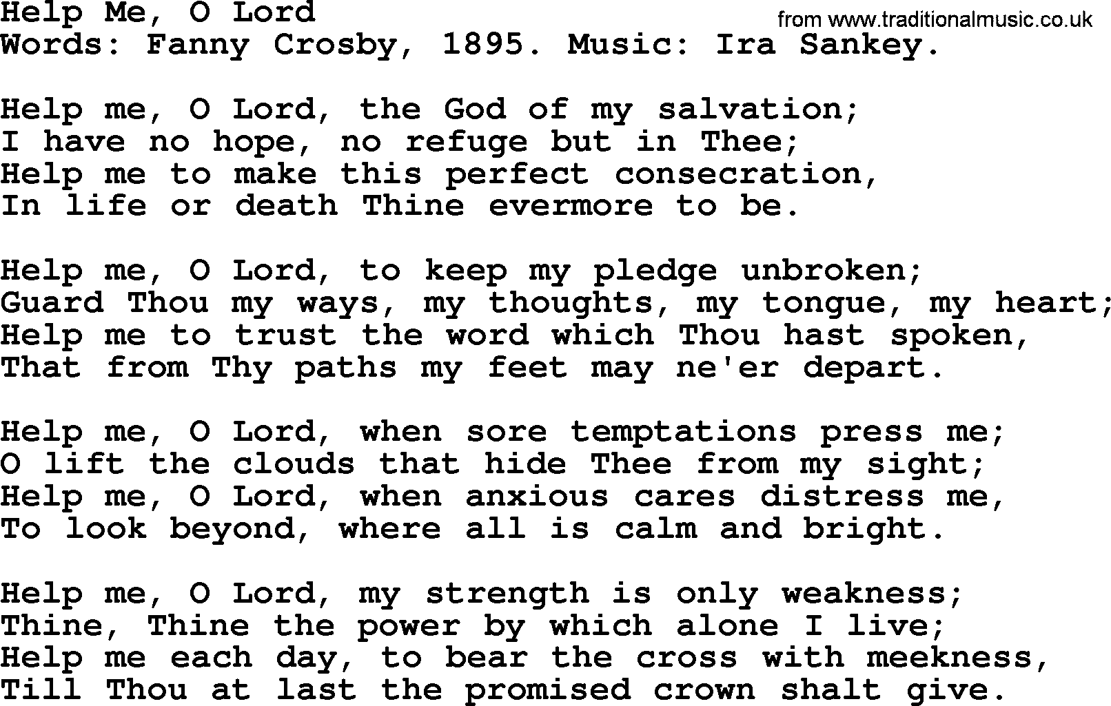 Fanny Crosby song: Help Me, O Lord, lyrics