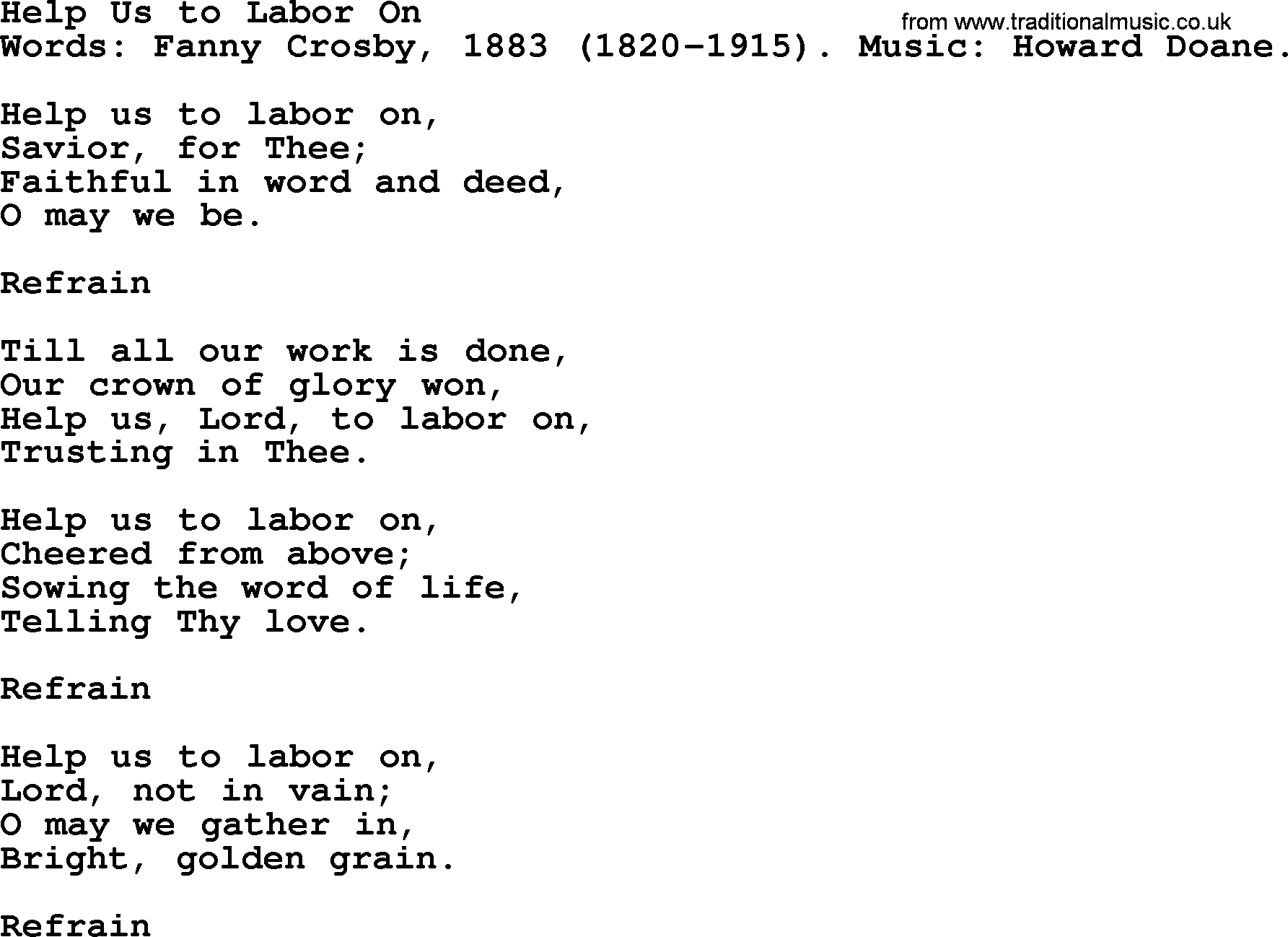 Fanny Crosby song: Help Us To Labor On, lyrics