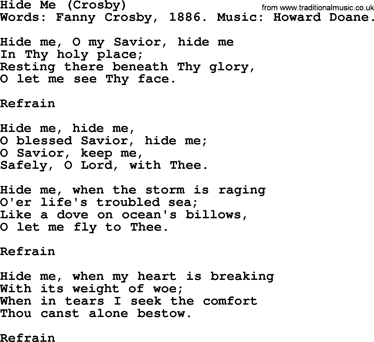 Fanny Crosby song: Hide Me, lyrics