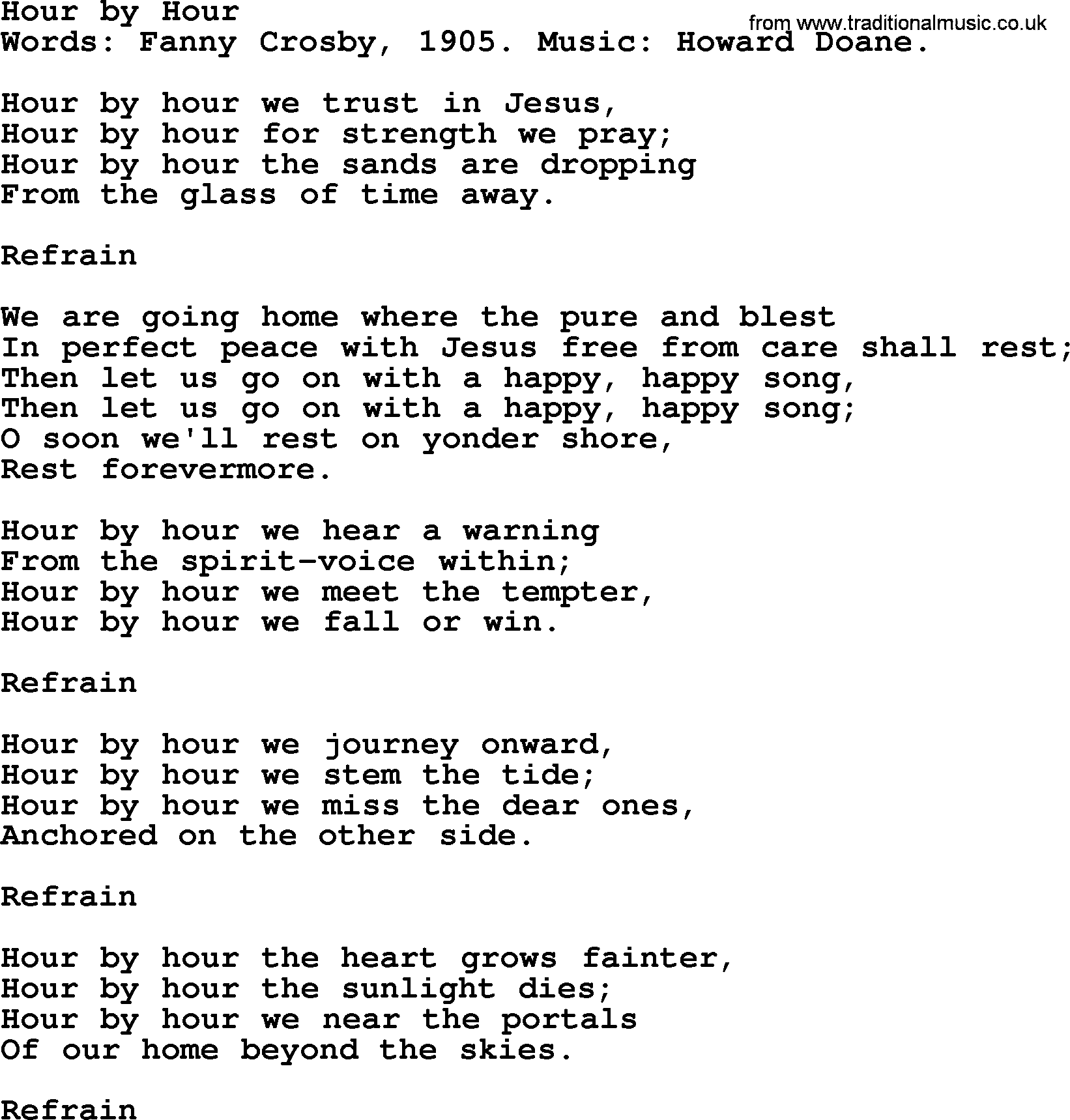 Fanny Crosby song: Hour By Hour, lyrics