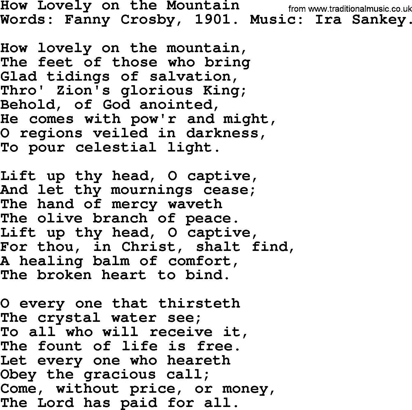 Fanny Crosby song: How Lovely On The Mountain, lyrics