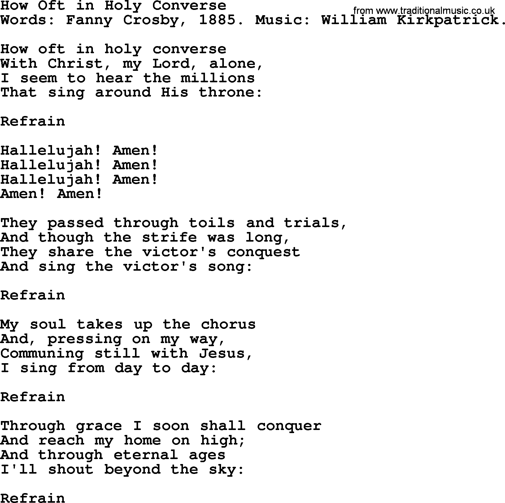 Fanny Crosby song: How Oft In Holy Converse, lyrics