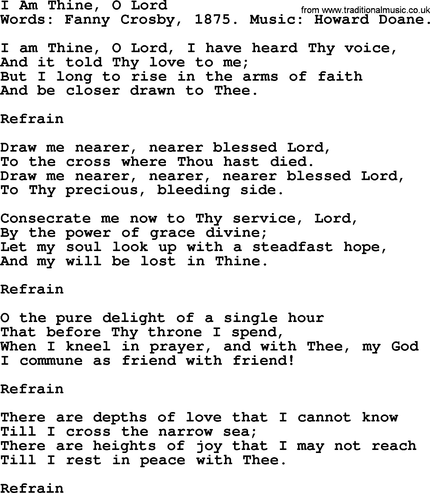 Fanny Crosby song: I Am Thine, O Lord, lyrics