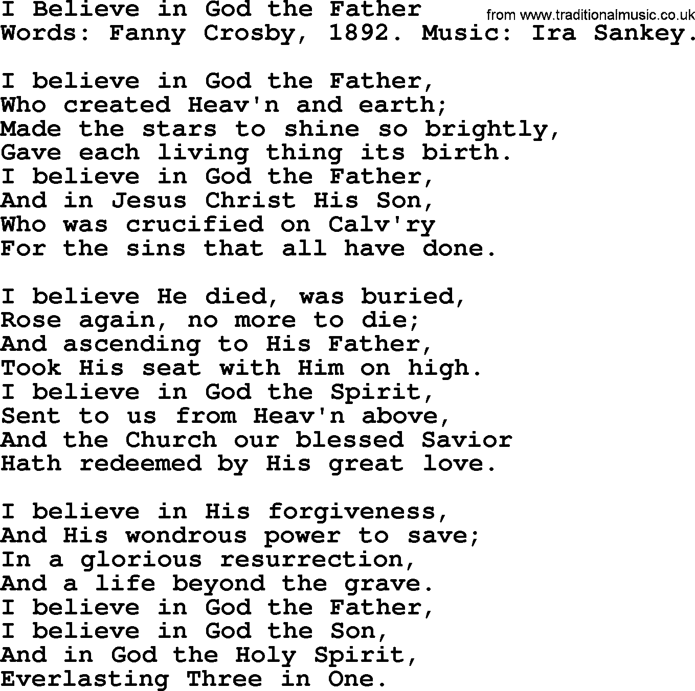 Fanny Crosby song: I Believe In God The Father, lyrics