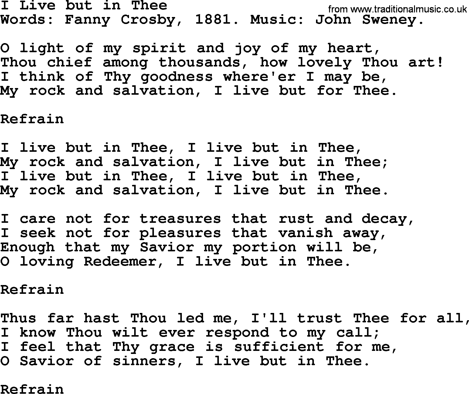 Fanny Crosby song: I Live But In Thee, lyrics