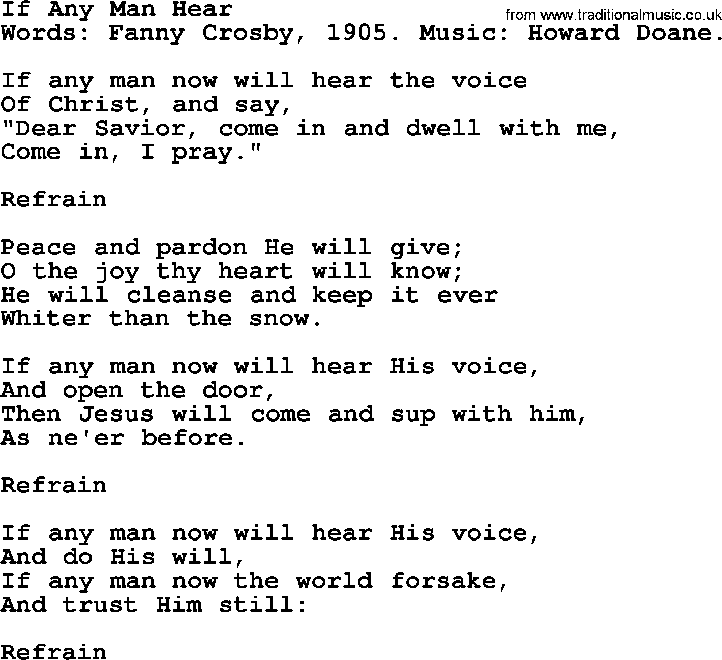 Fanny Crosby song: If Any Man Hear, lyrics