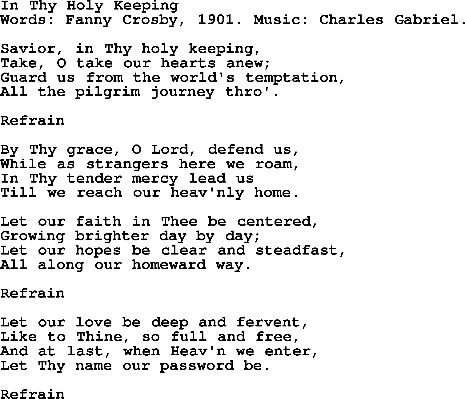 Fanny Crosby song: In Thy Holy Keeping, lyrics