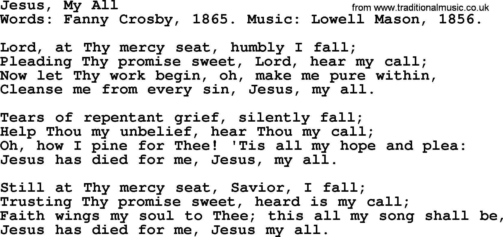 Fanny Crosby song: Jesus, My All, lyrics