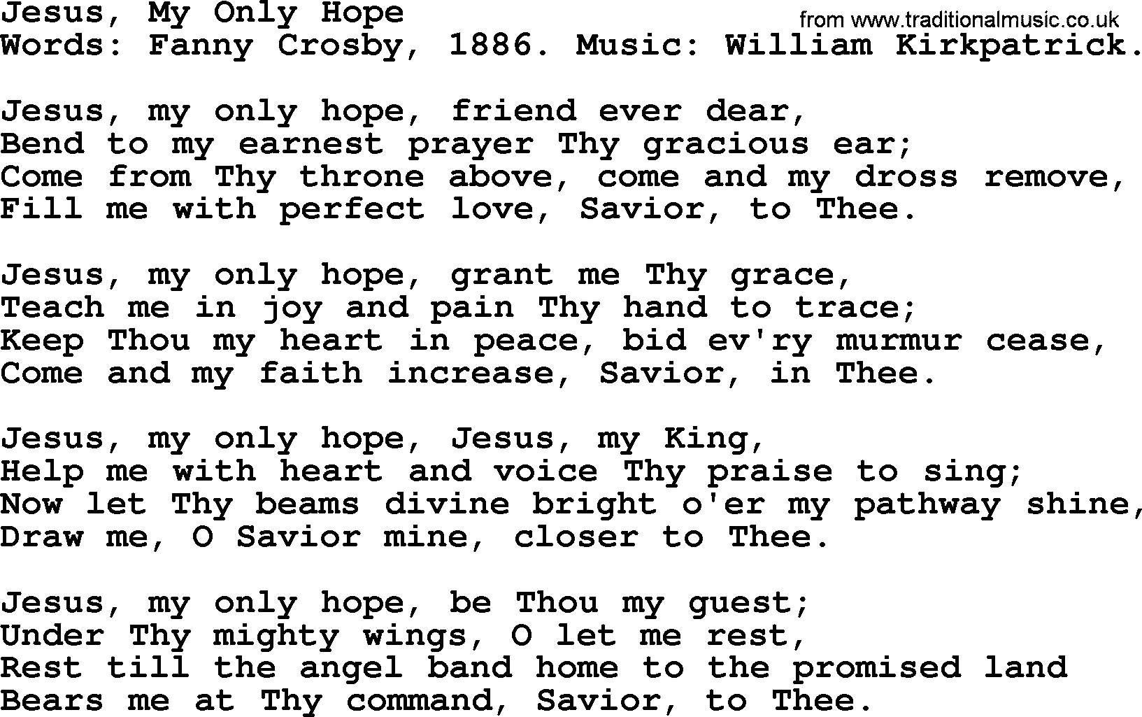 Fanny Crosby song: Jesus, My Only Hope, lyrics