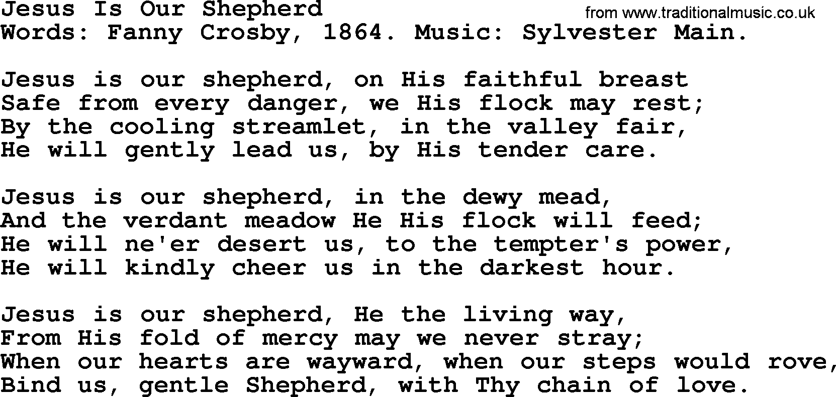 Fanny Crosby song: Jesus Is Our Shepherd, lyrics