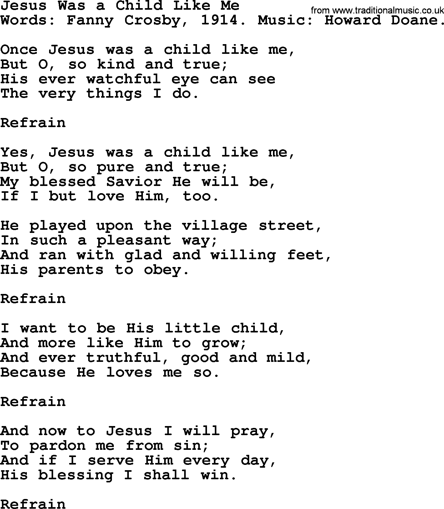 Fanny Crosby song: Jesus Was A Child Like Me, lyrics