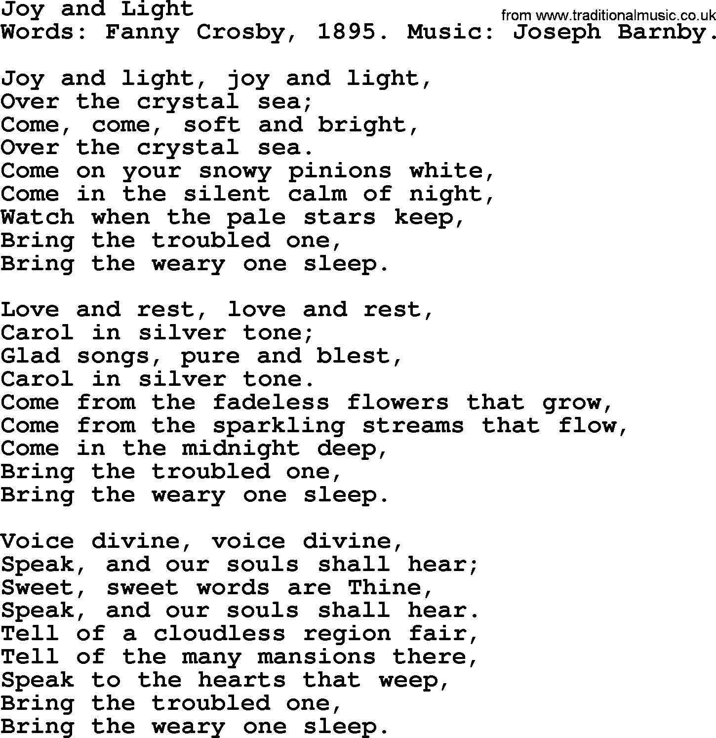 Fanny Crosby song: Joy And Light, lyrics