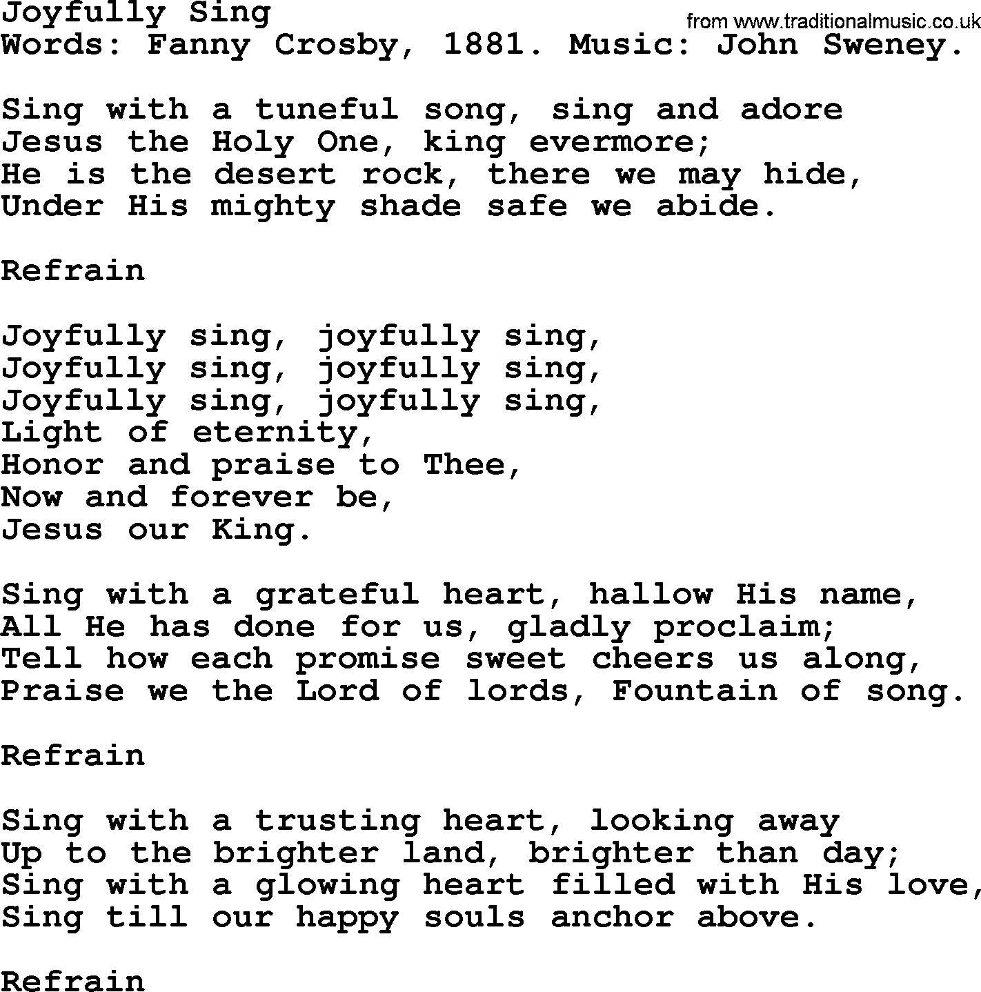 Fanny Crosby song: Joyfully Sing, lyrics