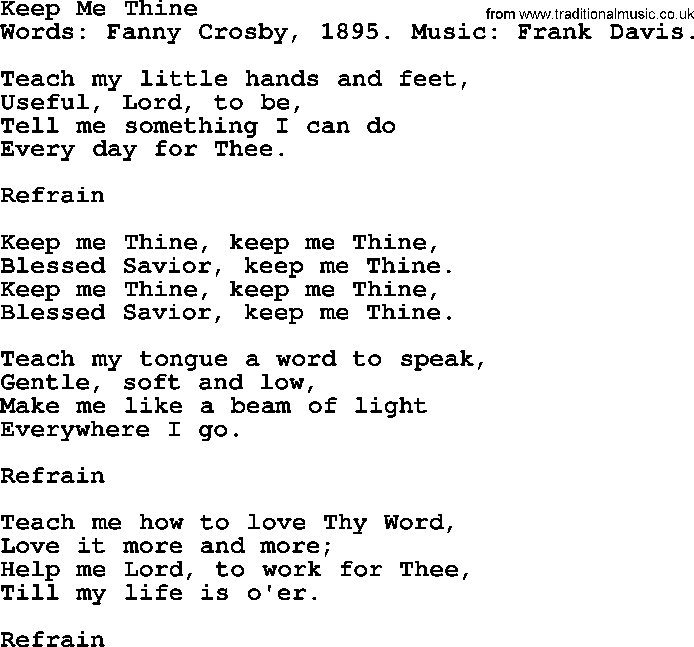 Fanny Crosby song: Keep Me Thine, lyrics
