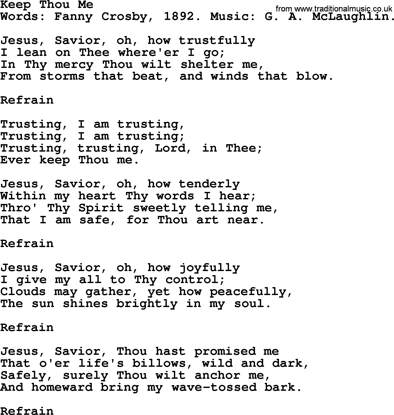 Fanny Crosby song: Keep Thou Me, lyrics
