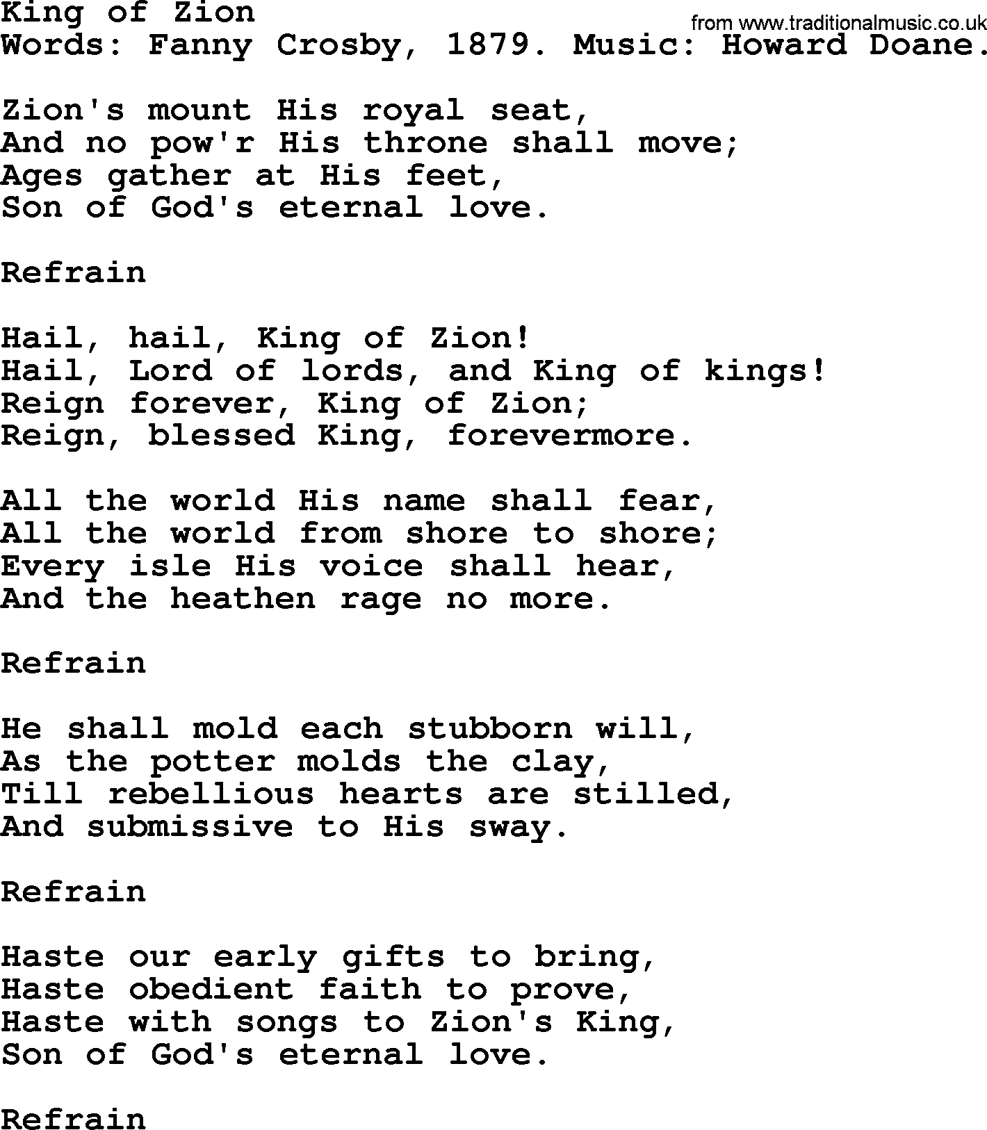 Fanny Crosby song: King Of Zion, lyrics