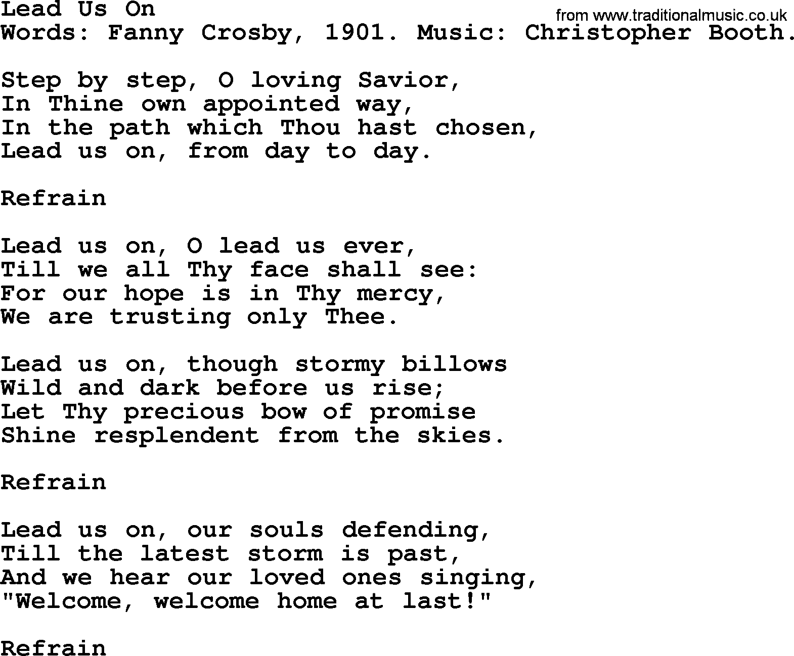 Fanny Crosby song: Lead Us On, lyrics