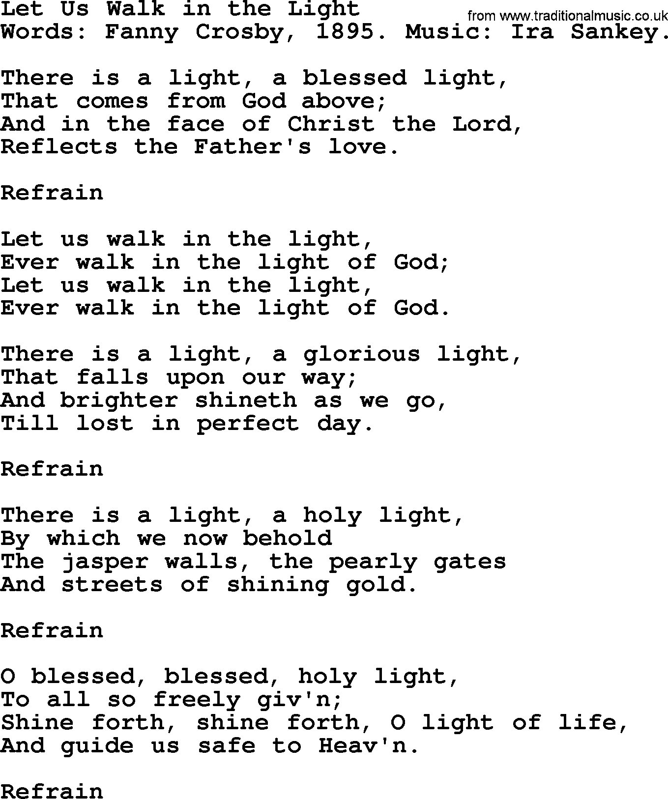 Fanny Crosby song: Let Us Walk In The Light, lyrics
