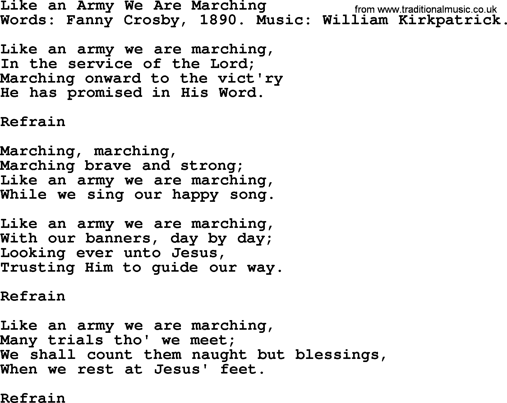 Fanny Crosby song: Like An Army We Are Marching, lyrics