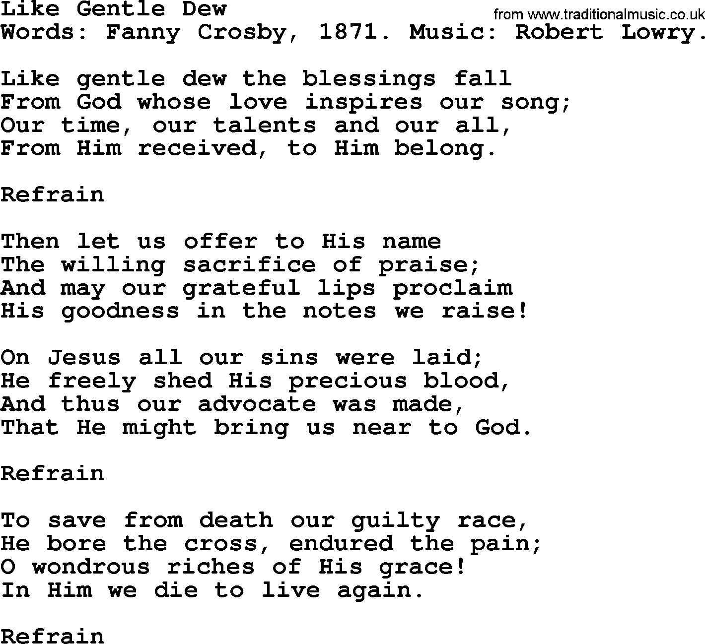Fanny Crosby song: Like Gentle Dew, lyrics