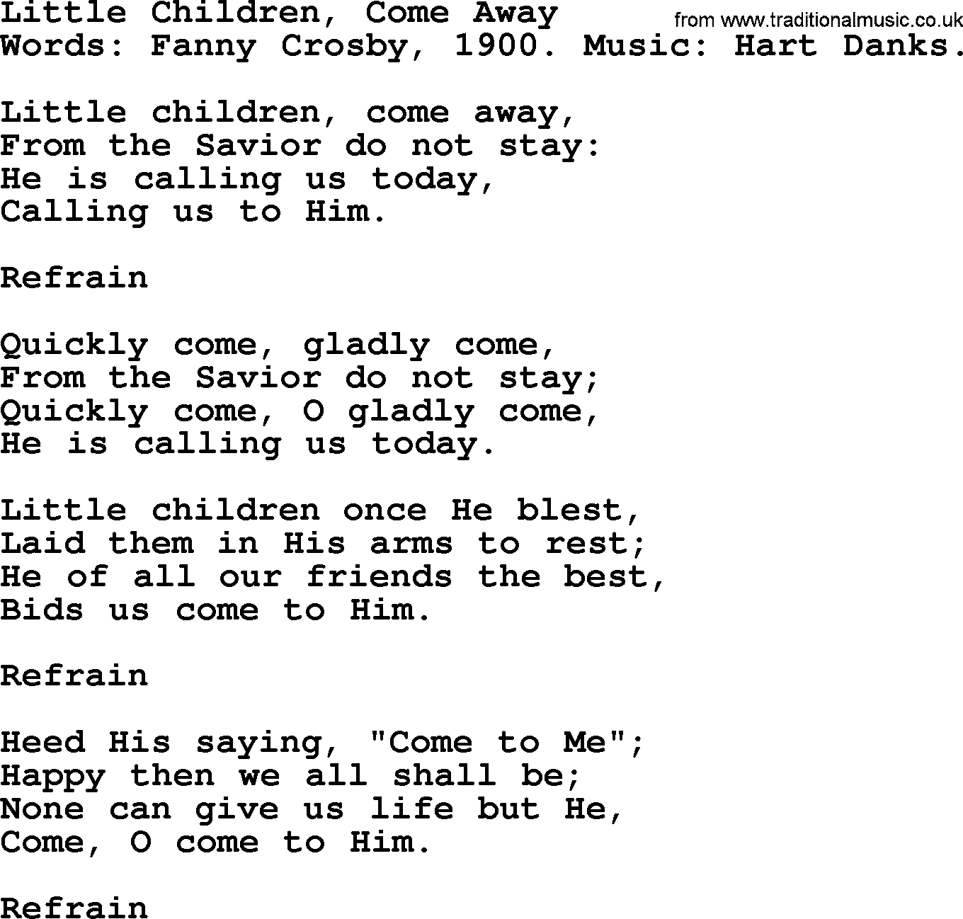Fanny Crosby song: Little Children, Come Away, lyrics