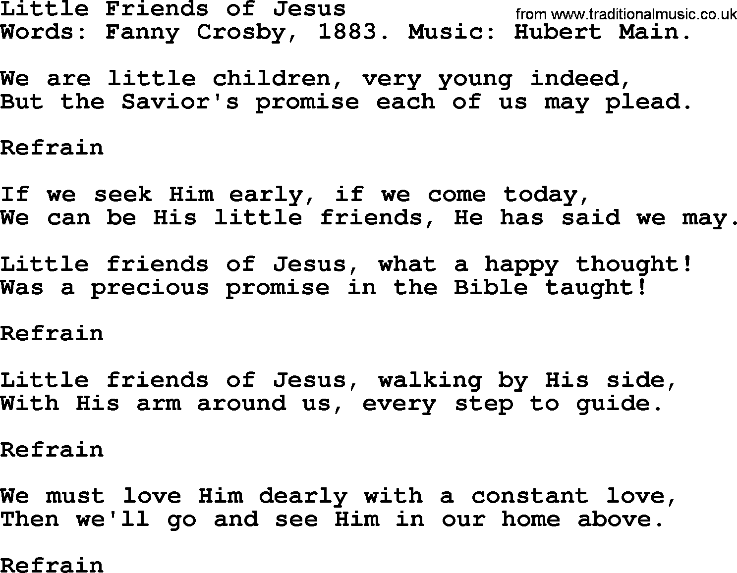 Fanny Crosby song: Little Friends Of Jesus, lyrics