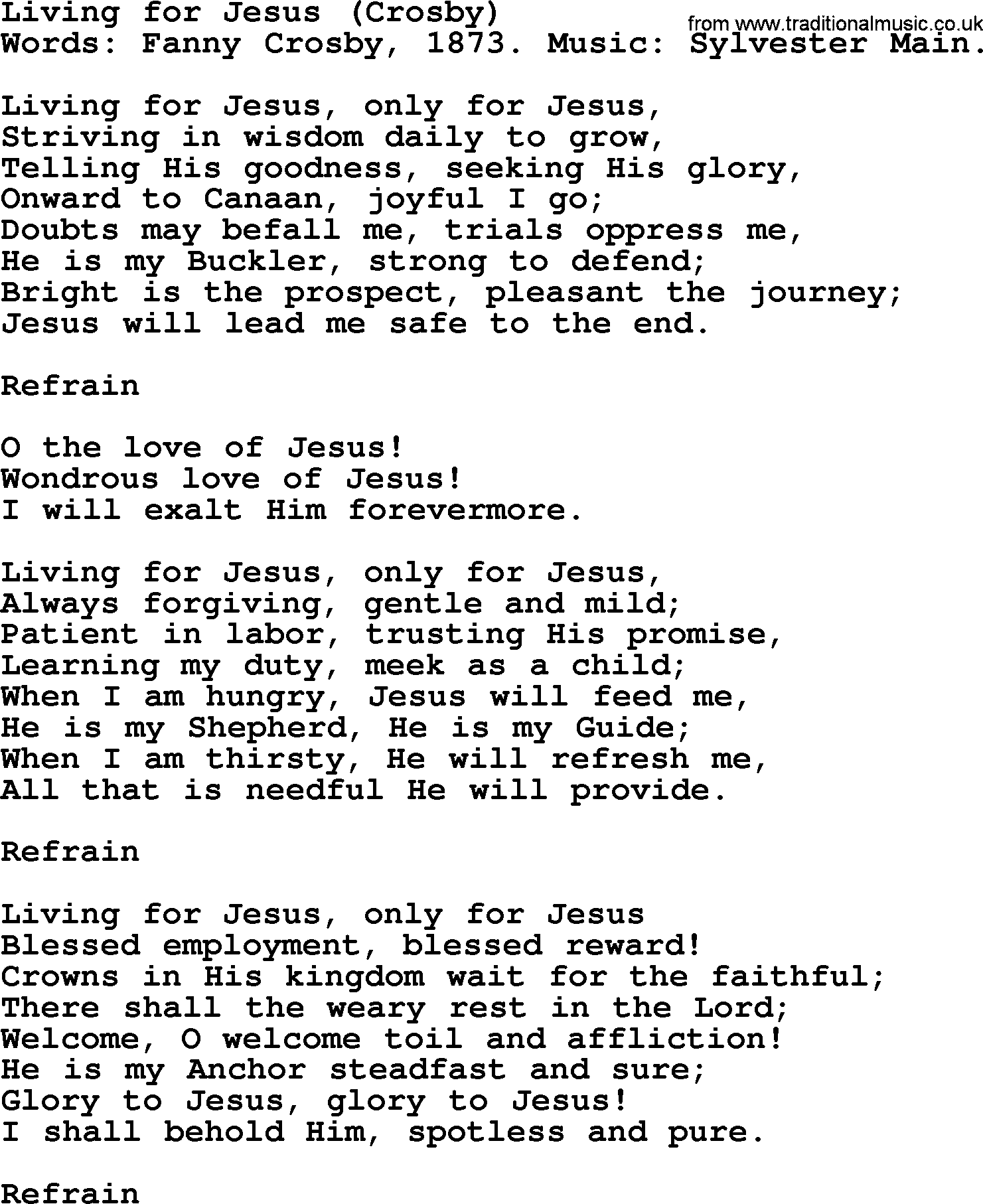 Fanny Crosby song: Living For Jesus, lyrics