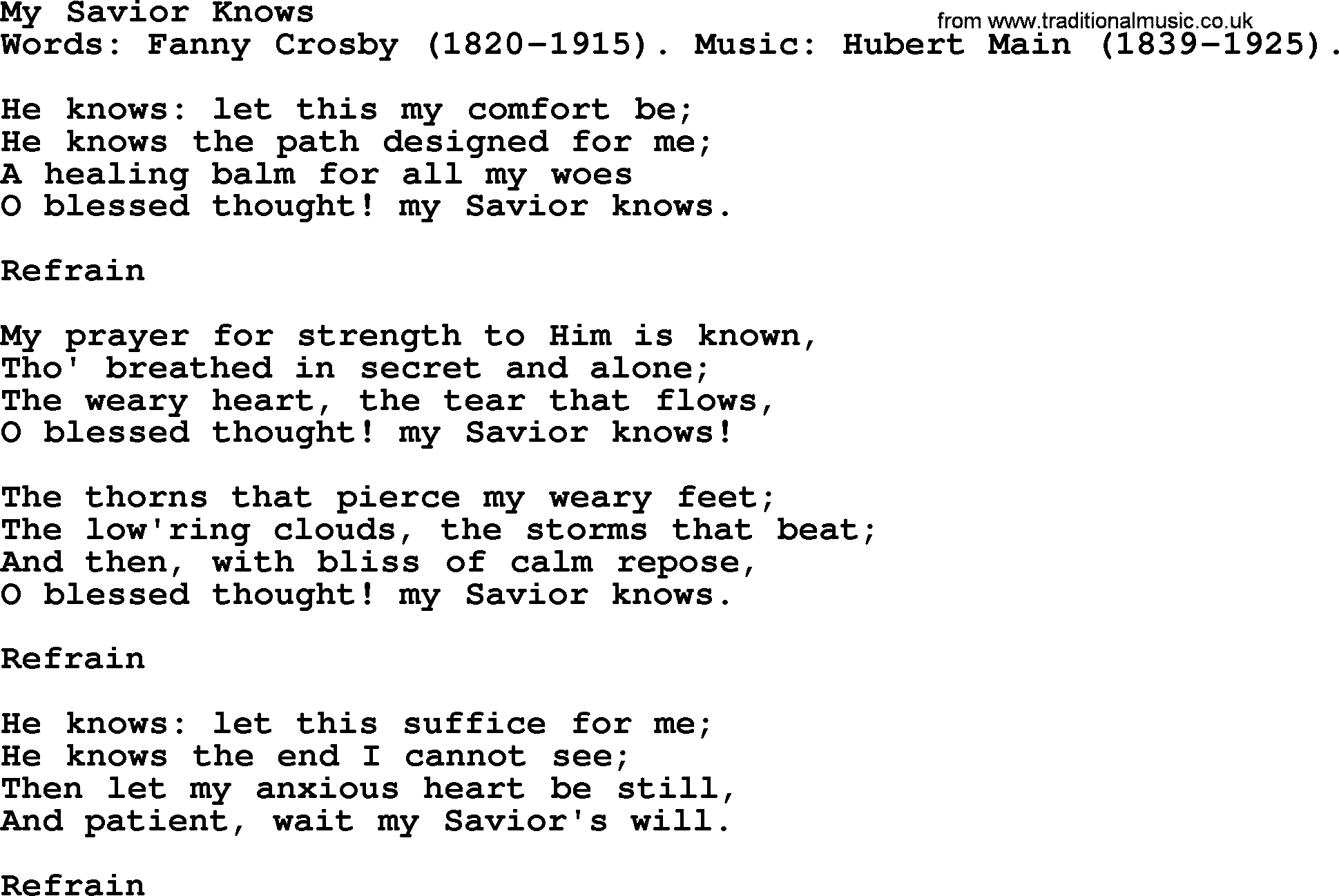 Fanny Crosby song: My Savior Knows, lyrics