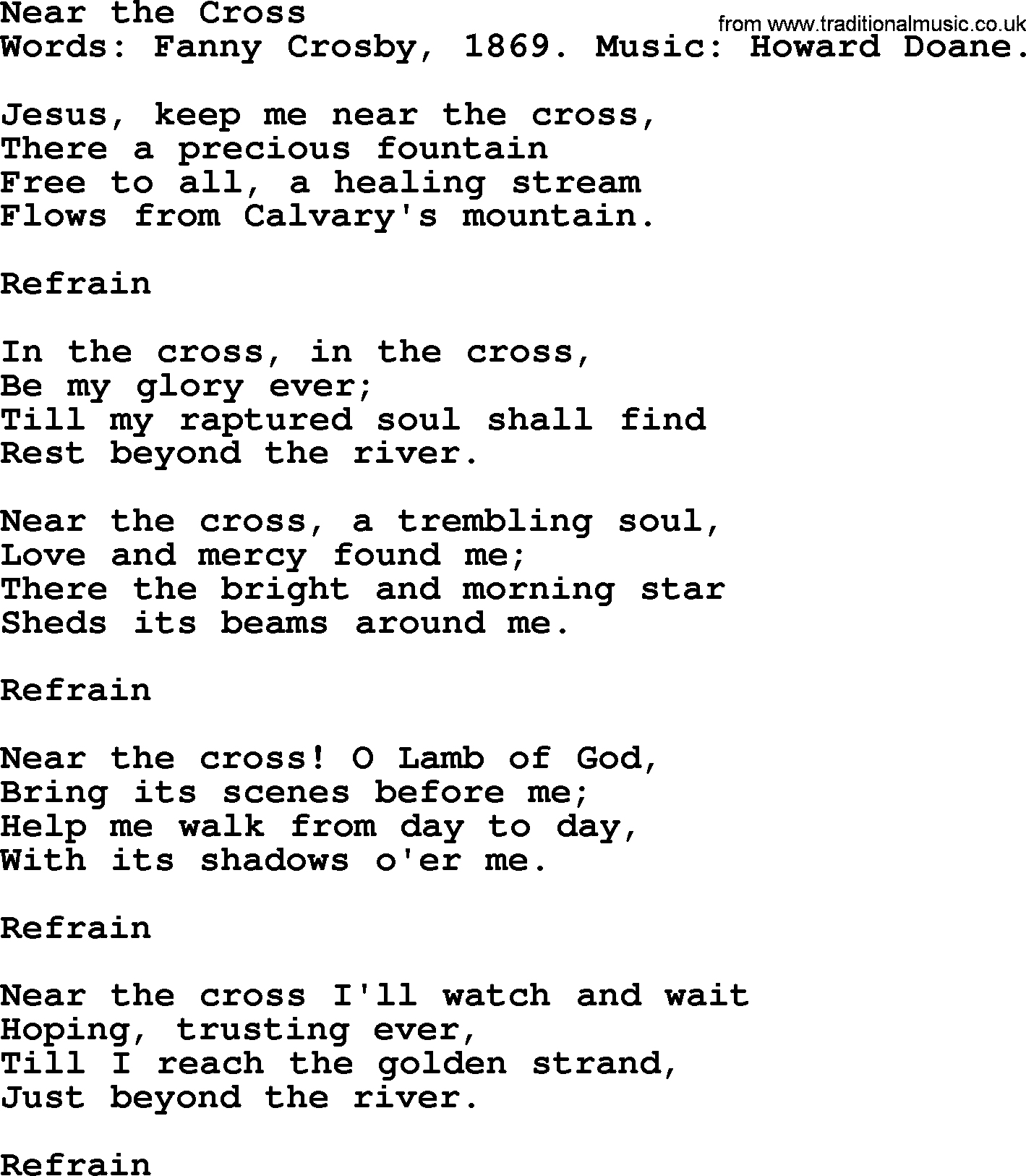 Fanny Crosby song: Near The Cross, lyrics