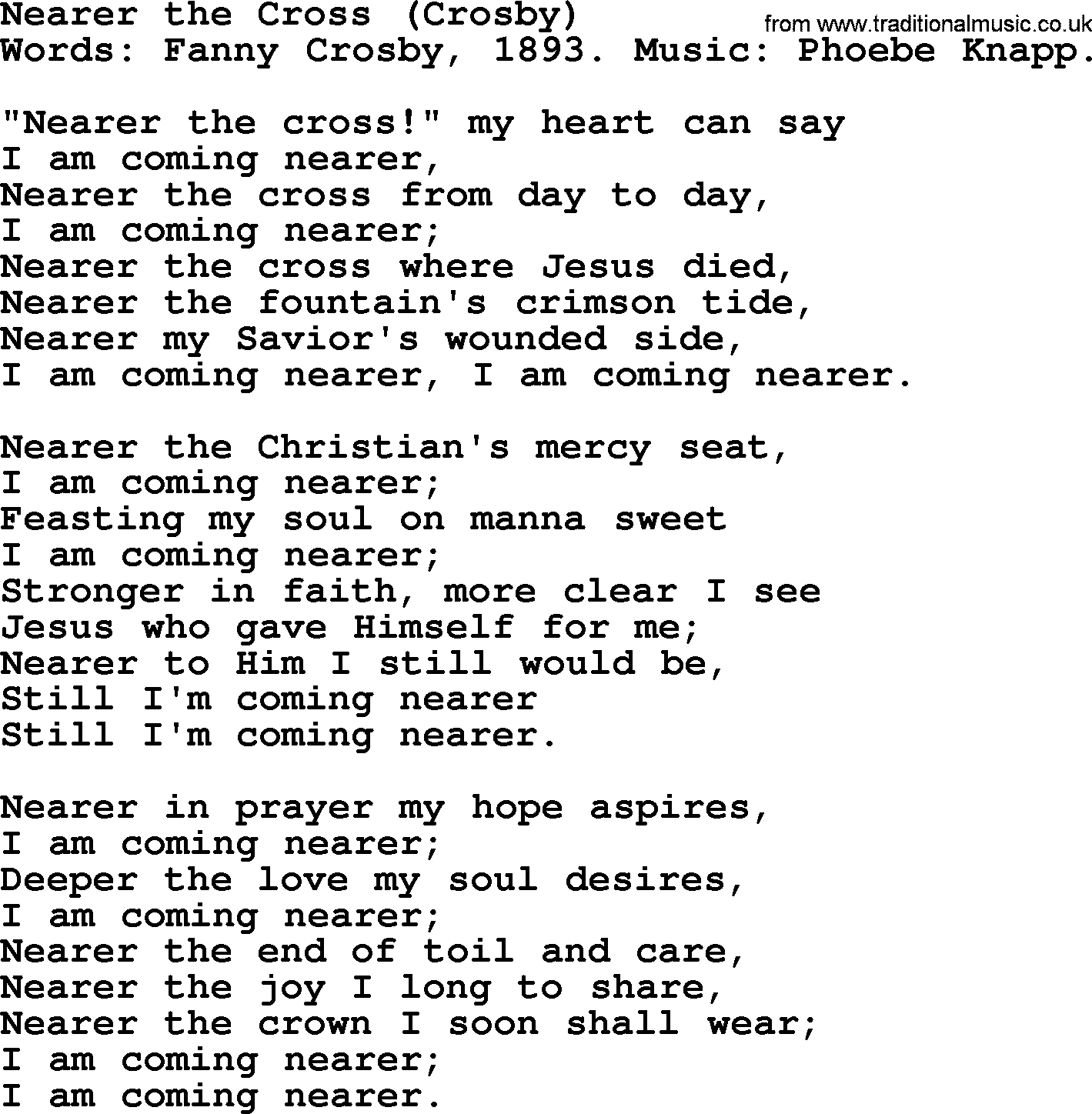 Fanny Crosby song: Nearer The Cross, lyrics