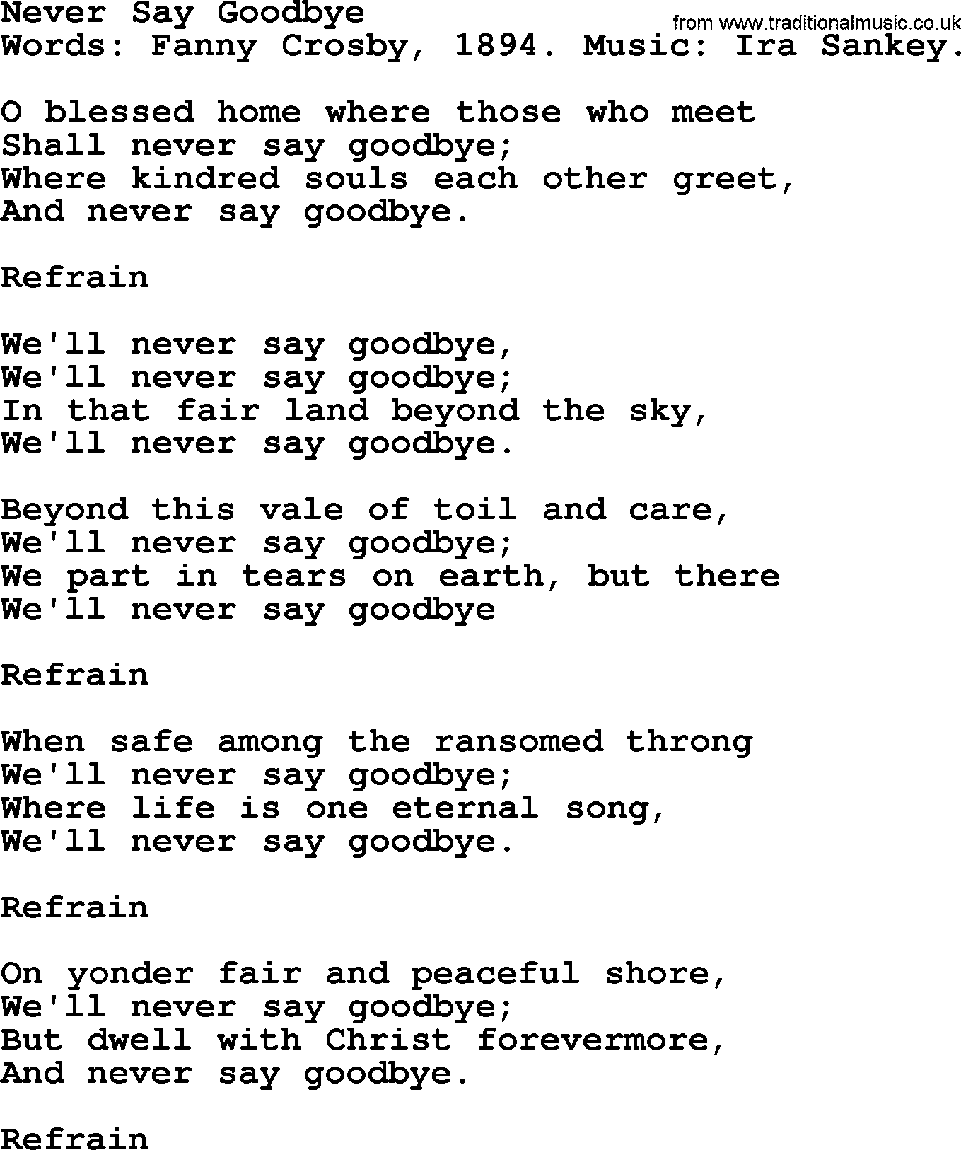 Fanny Crosby song: Never Say Goodbye, lyrics