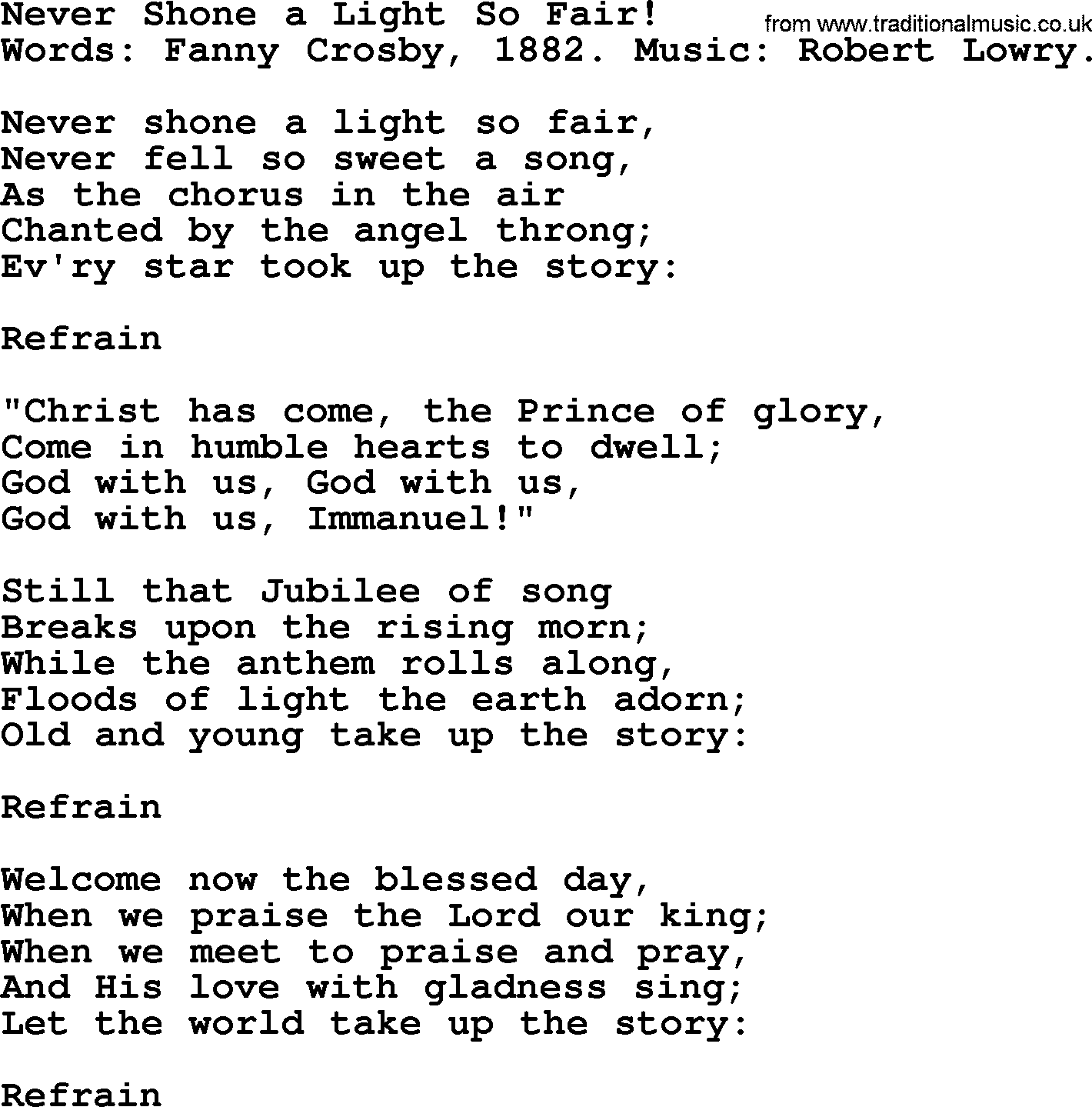 Fanny Crosby song: Never Shone A Light So Fair!, lyrics