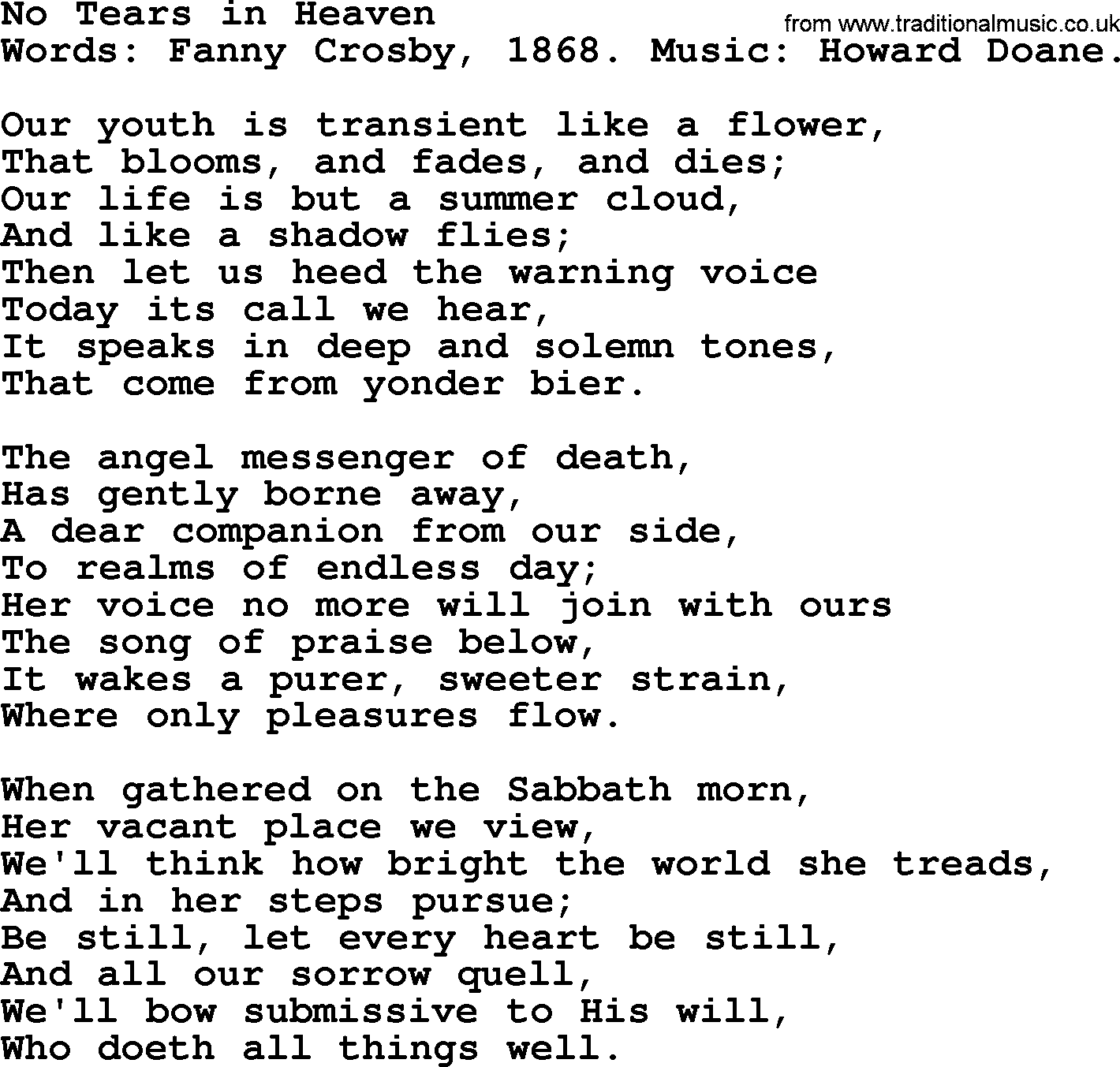 Fanny Crosby song: No Tears In Heaven, lyrics