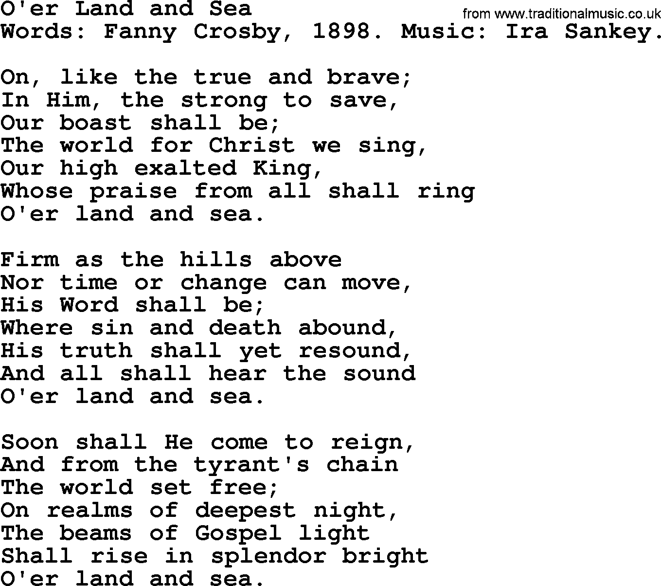 Fanny Crosby song: O'er Land And Sea, lyrics