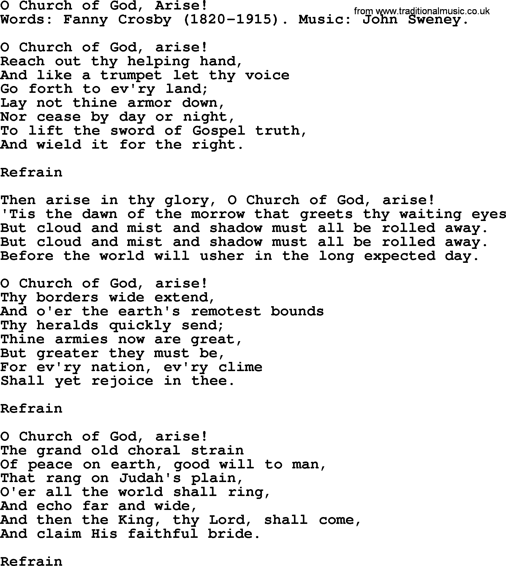 Fanny Crosby song: O Church Of God, Arise!, lyrics