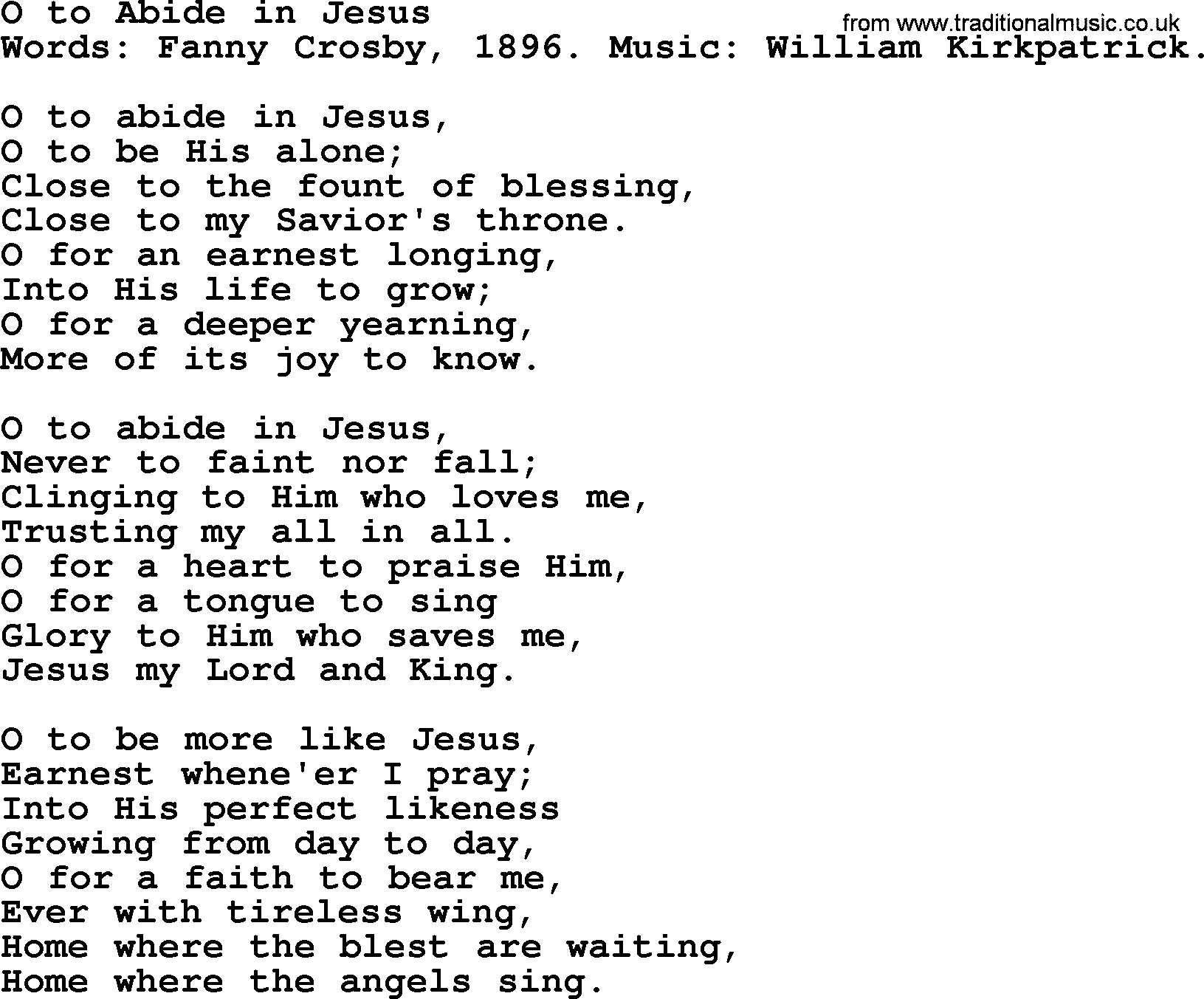 Fanny Crosby song: O To Abide In Jesus, lyrics