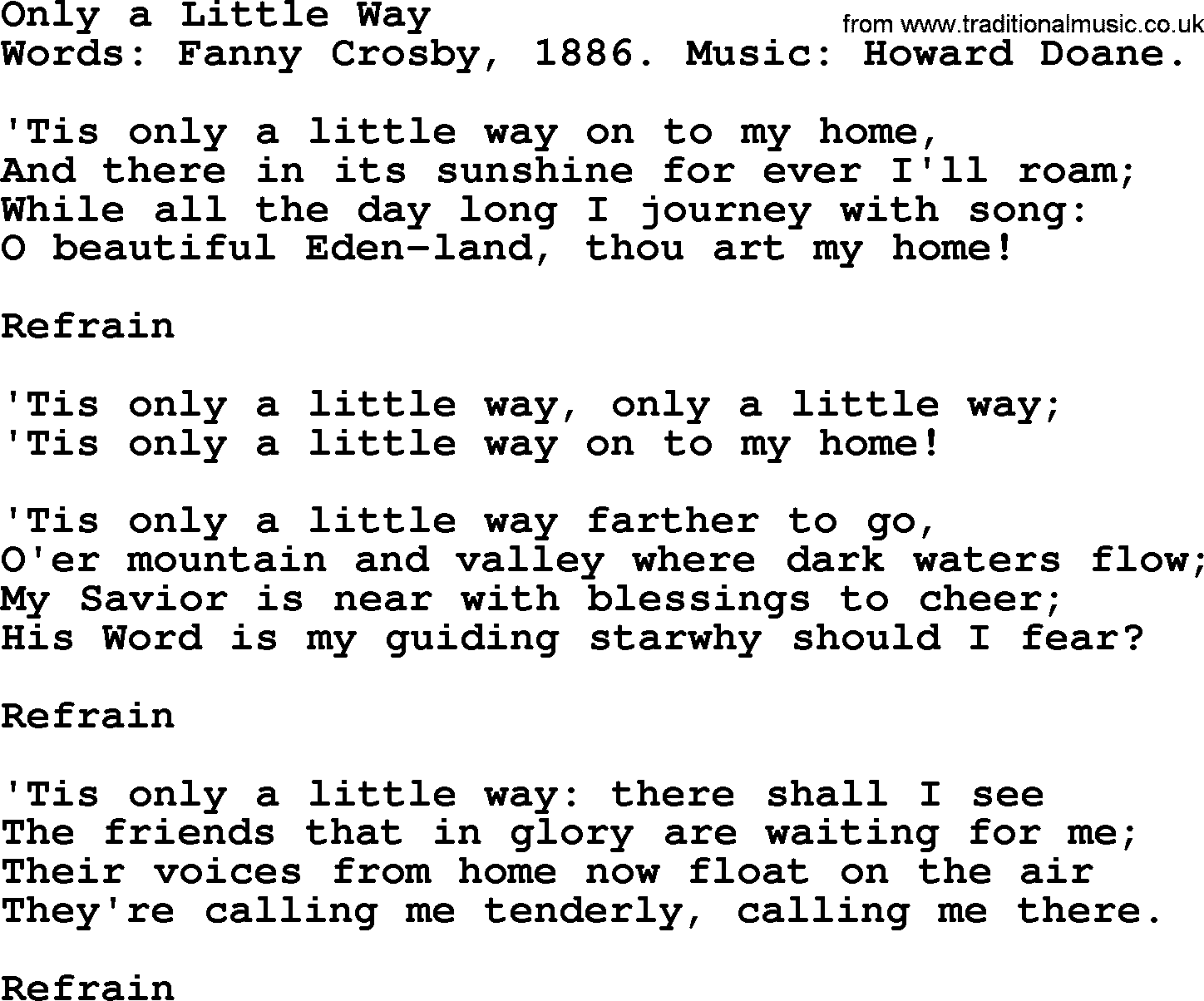 Fanny Crosby song: Only A Little Way, lyrics