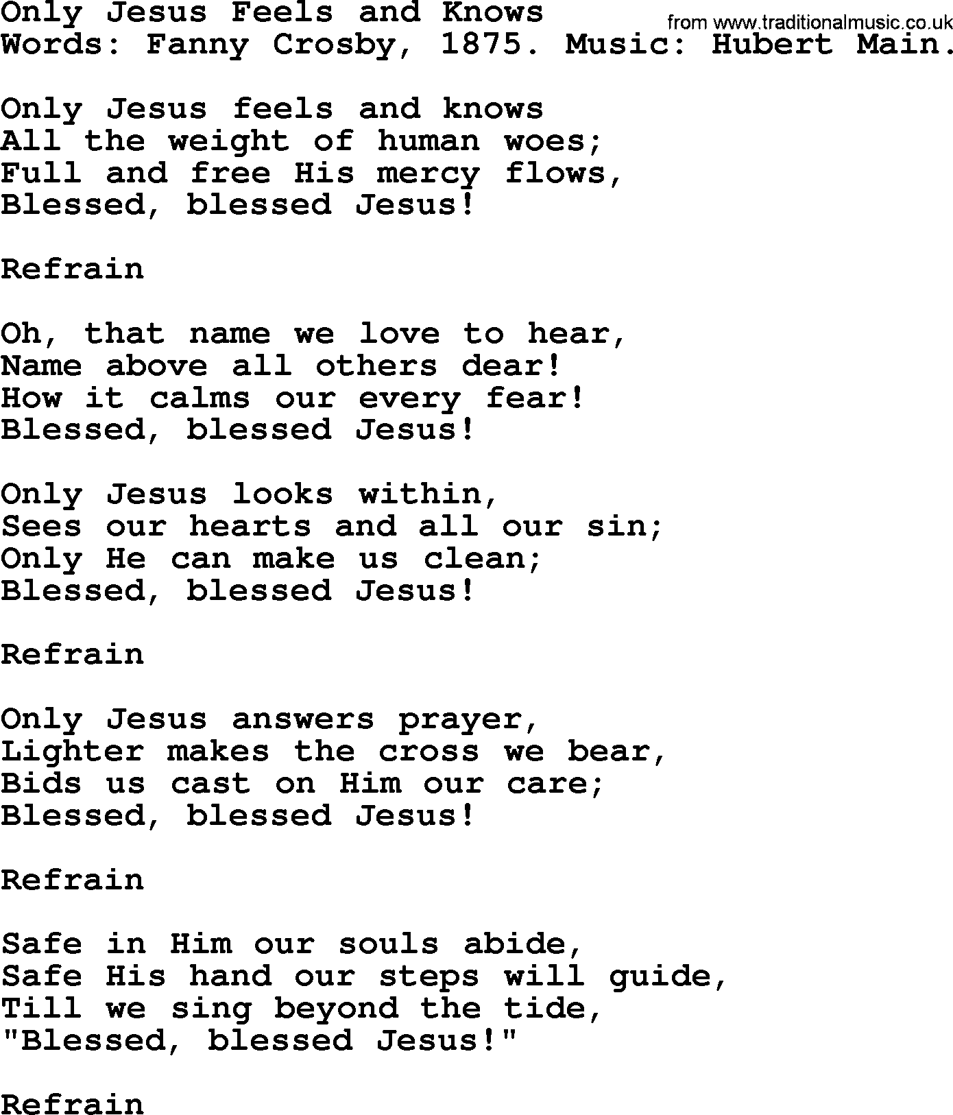 Fanny Crosby song: Only Jesus Feels And Knows, lyrics
