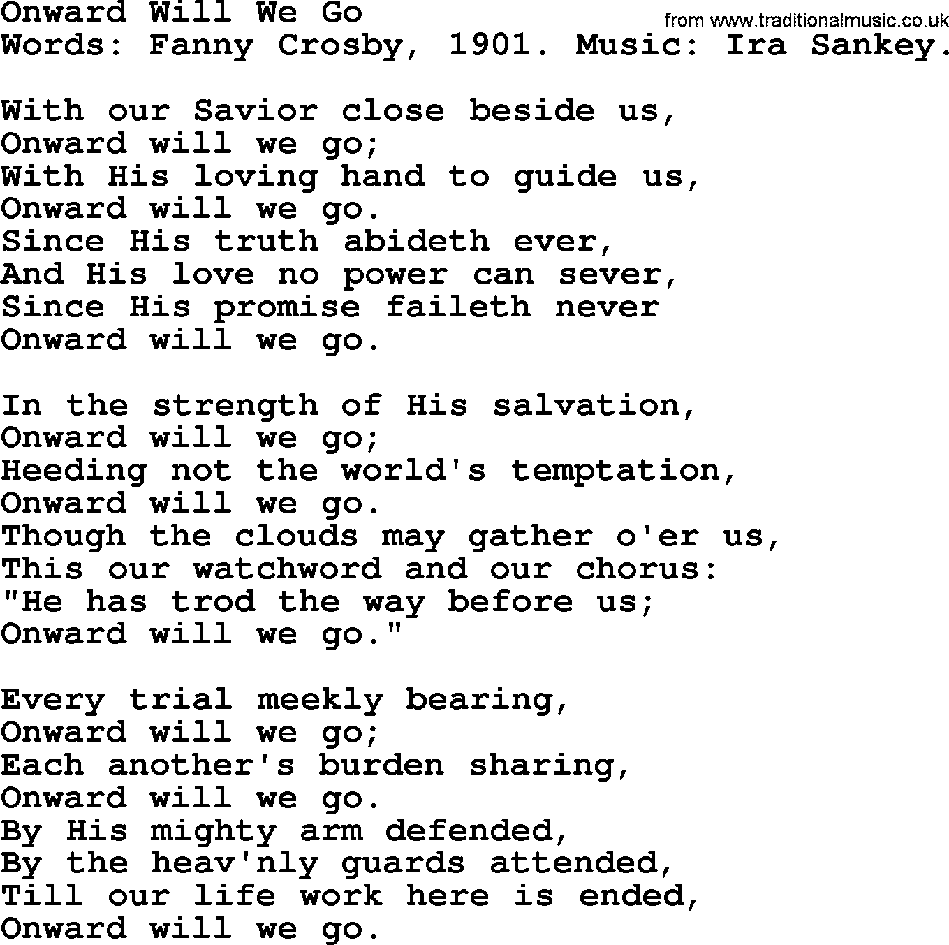 Fanny Crosby song: Onward Will We Go, lyrics