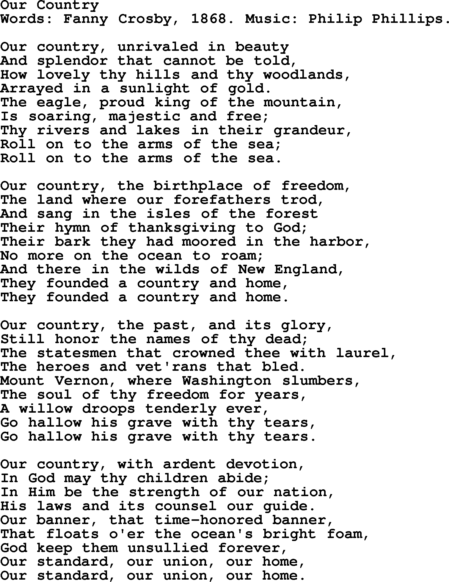 Fanny Crosby song: Our Country, lyrics